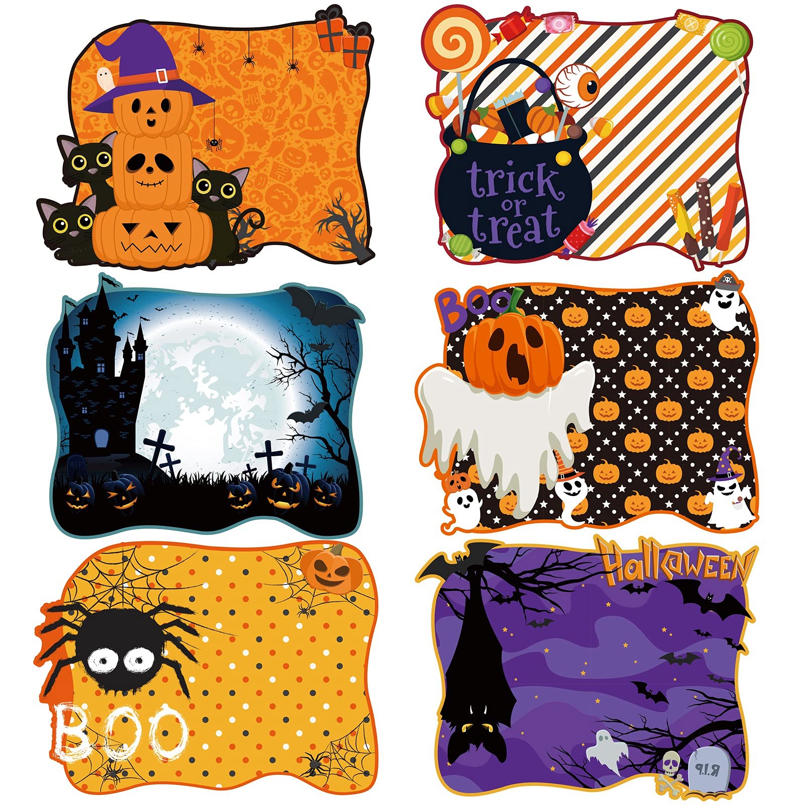 MCEAST 6 Pack Halloween Plastic Placemats Halloween Pumpkin Spider Ghost Waterproof Table Mats Assorted 6 Styles Halloween Party Table Decorations for Home Kitchen Dining, 16 x 12 Inches