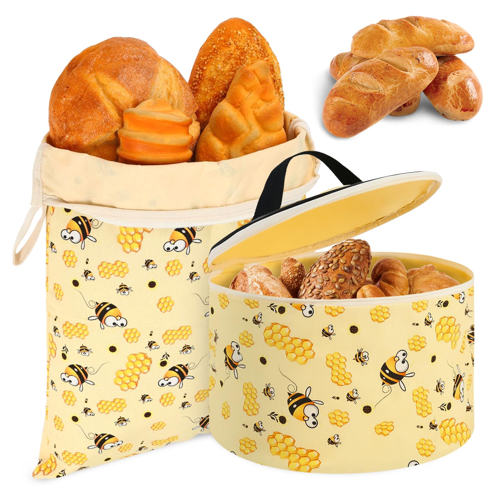 Beeswax Bread Bag 2 Pack Reusable Beeswax Lined Cotton Breads Bag with Zipper Access and Handle for Homemade Sourdough Loaf Breads Keeps Bread Fresh(Cartoon Bee)