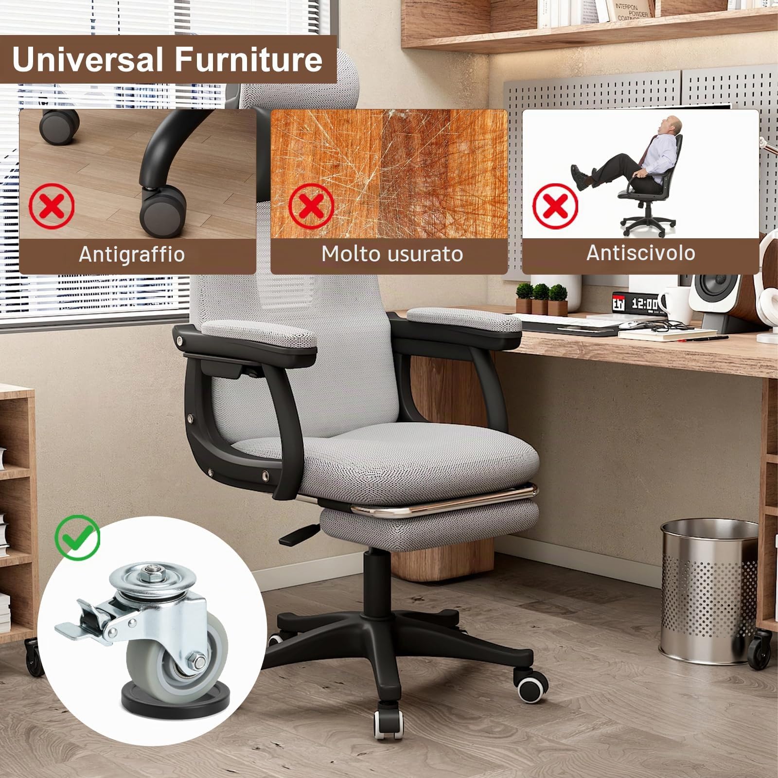 Coppe per ruote mobili, 6 pezzi anti-scivolo, per pavimenti in legno, mantengono tazza sicura con tappi gomma universali nero