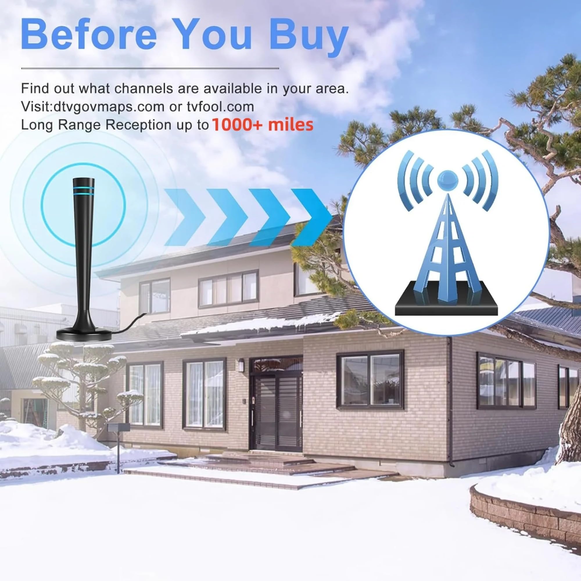 Antena de TV interior para Smart TV, canales locales, recepción de largo alcance, antenas digitales HD con base magnética fuerte