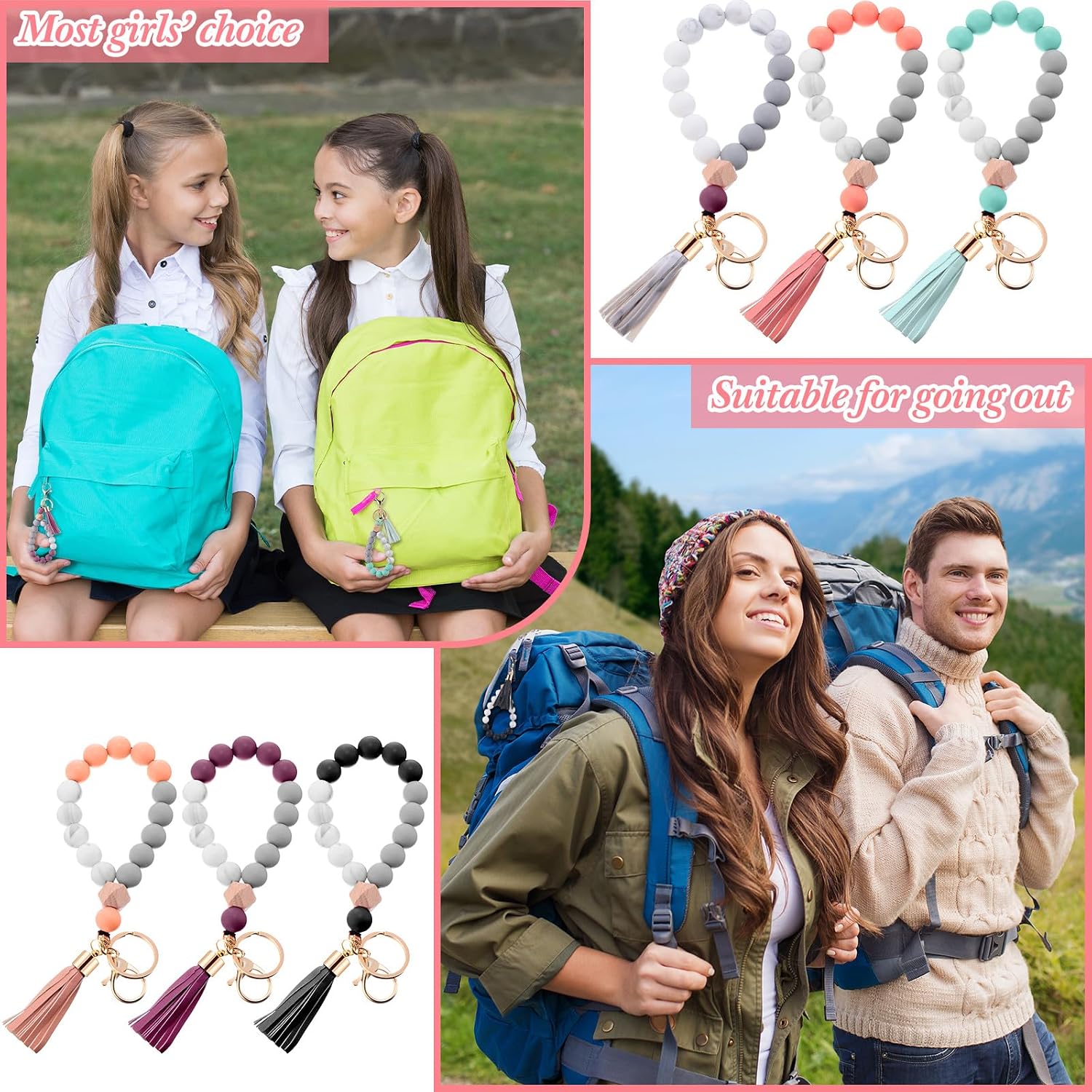 Tondiamo 6 Pcs Silicone Wristlet Keychain for Women Cute Car Key Ring Bracelet Beaded Bangle Chains with Leather Tassel