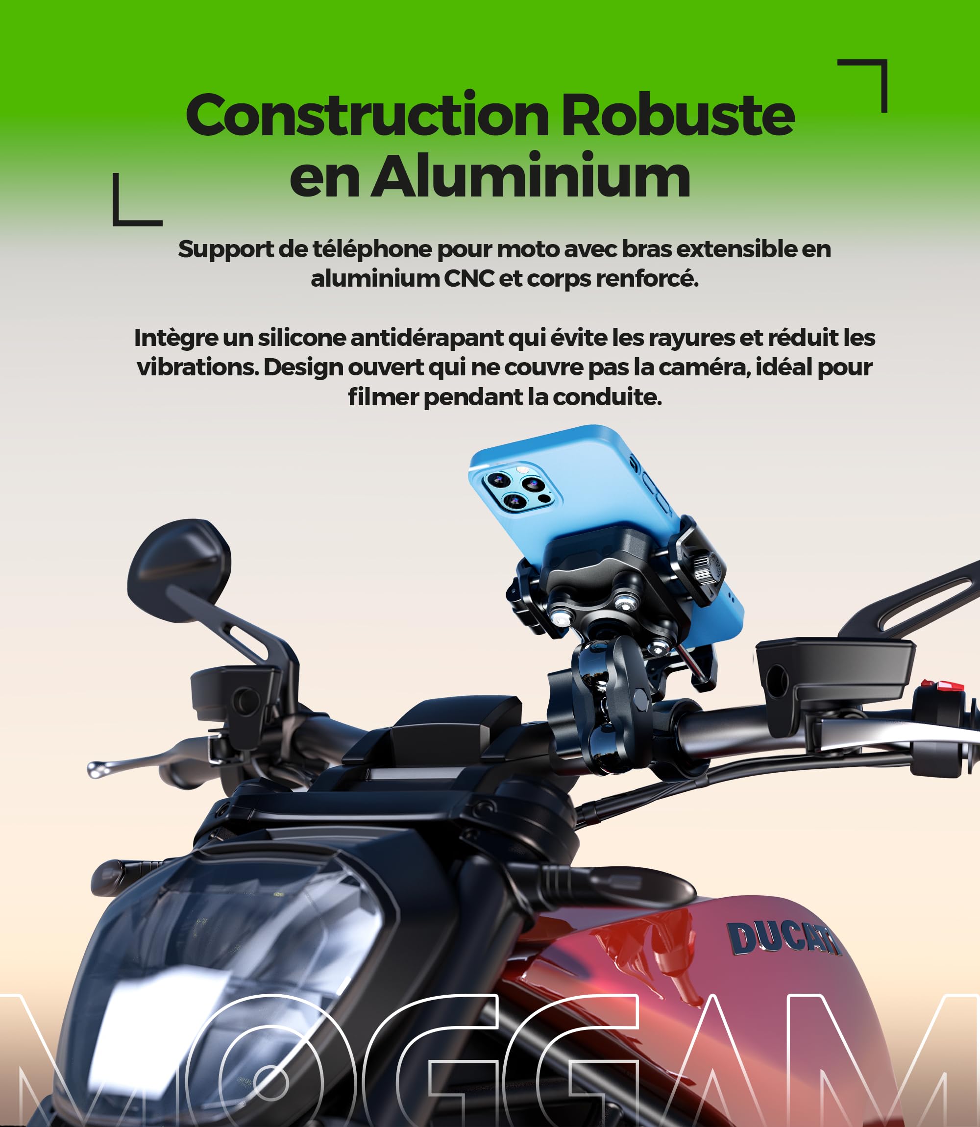 Support Telephone Moto Anti Vibration Anti Vol Trail Adventure Touring Fixation Securisee sur Guidon Bras Aluminium CNC 360° Reglable pour Smartphone 5.4-7.2 Pouces Camera Libre Ultra Stable