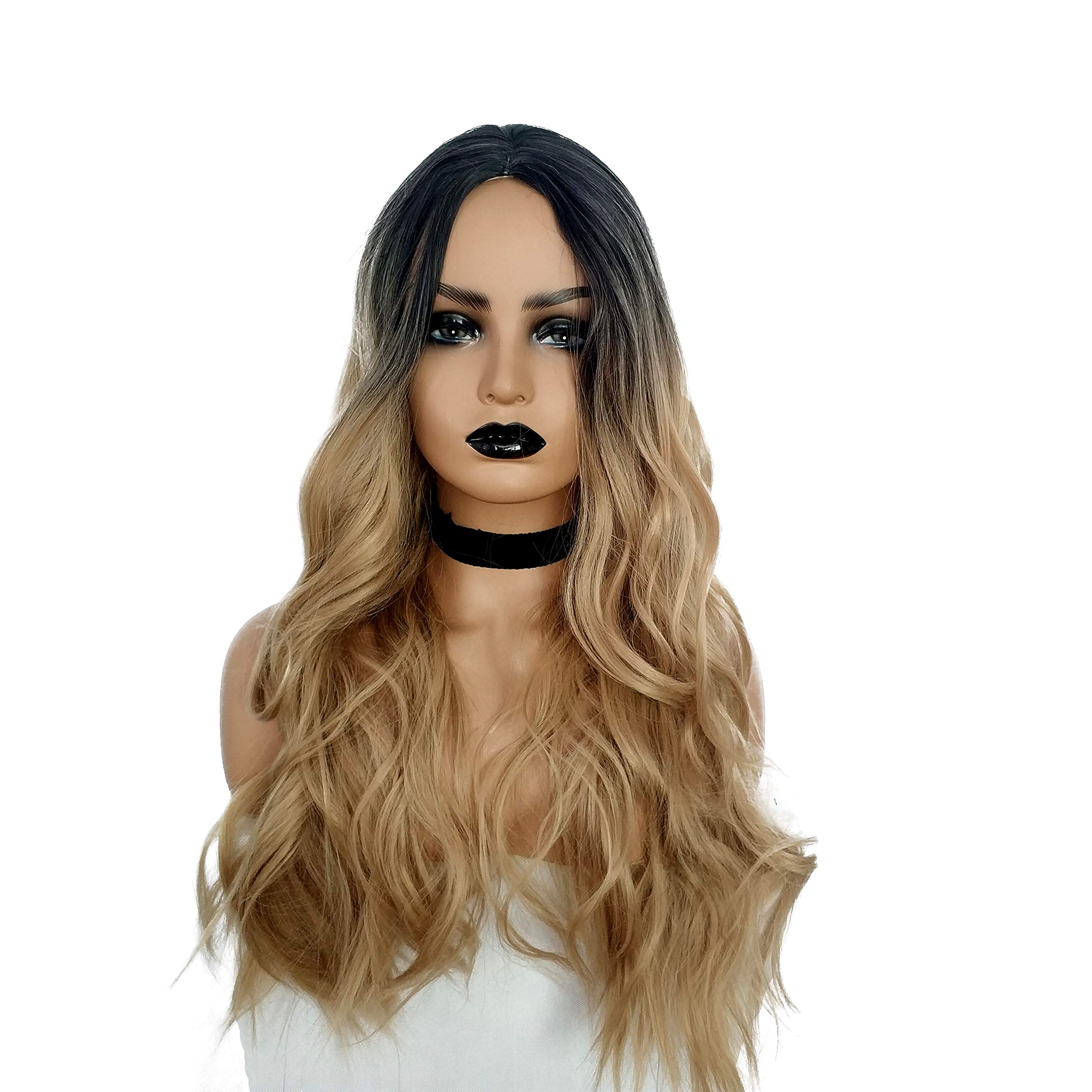 Rswsp 23" Natural Full Wigs Hair Long Wavy Wig Synthetic Heat Resistant (Ombre Brown)