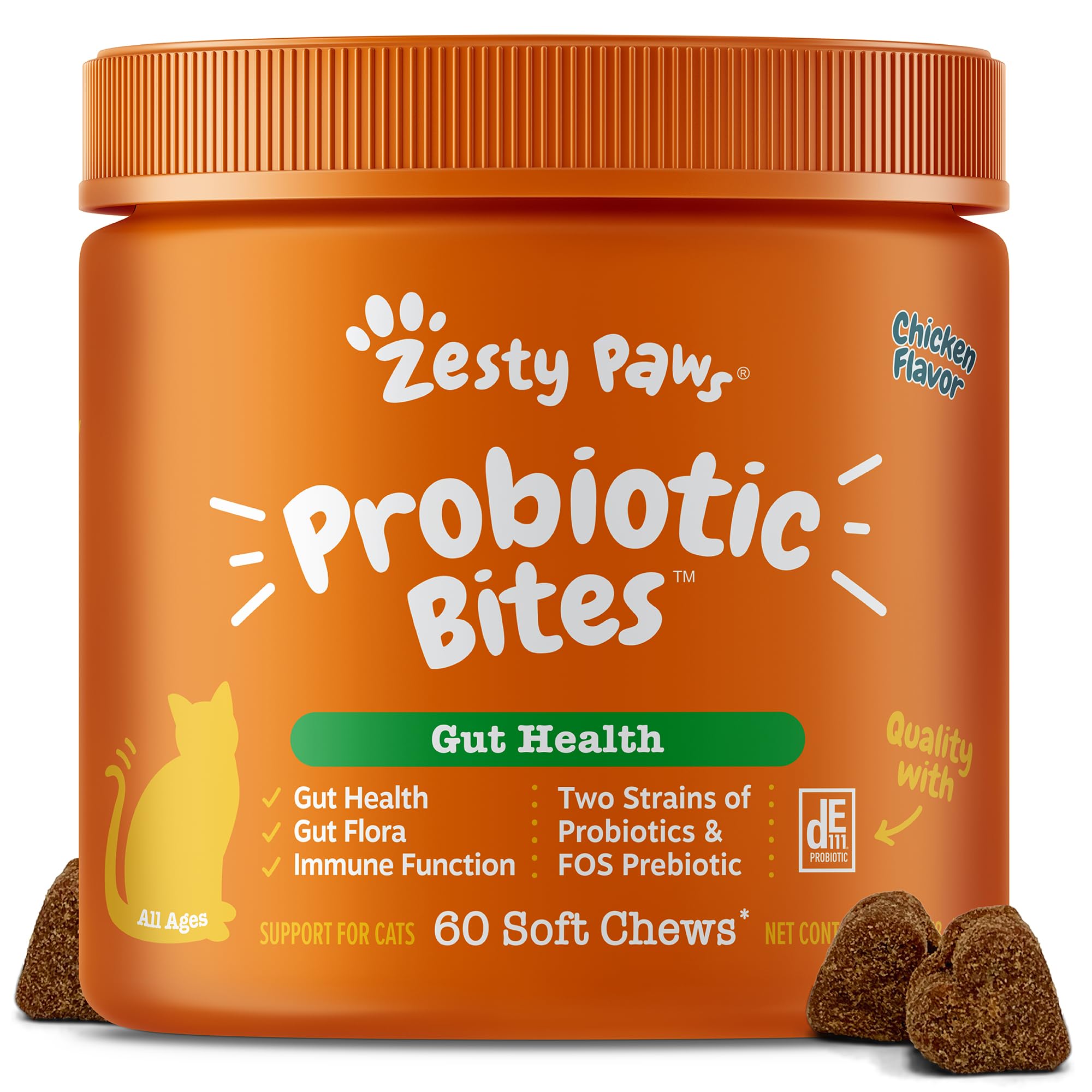 Zesty Paws Probiotic Bites for Cats - Gut Flora & Immune System Support - Cat Supplement with DE111 Bacillus subtilis - Pet Soft Chews with Probiotics & Prebiotics for Digestive Health - 60 Count