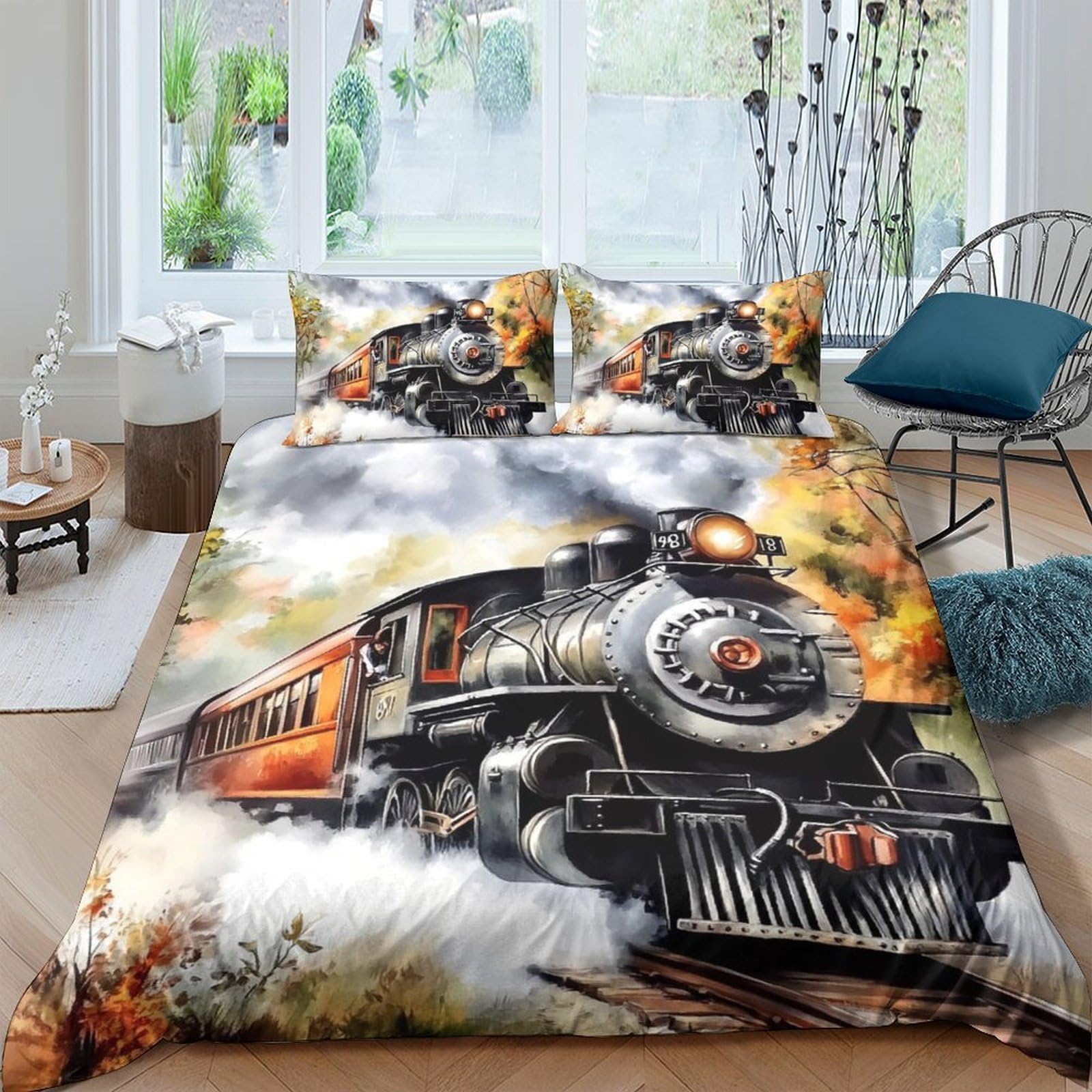 Ctjqhvkz Style-3 3D Printed Steam Train Fitted Sheet Microfiber Soft Railway Sunset Mattress Cover For Bedroom Dorm Room Decor Single（135X200cm）