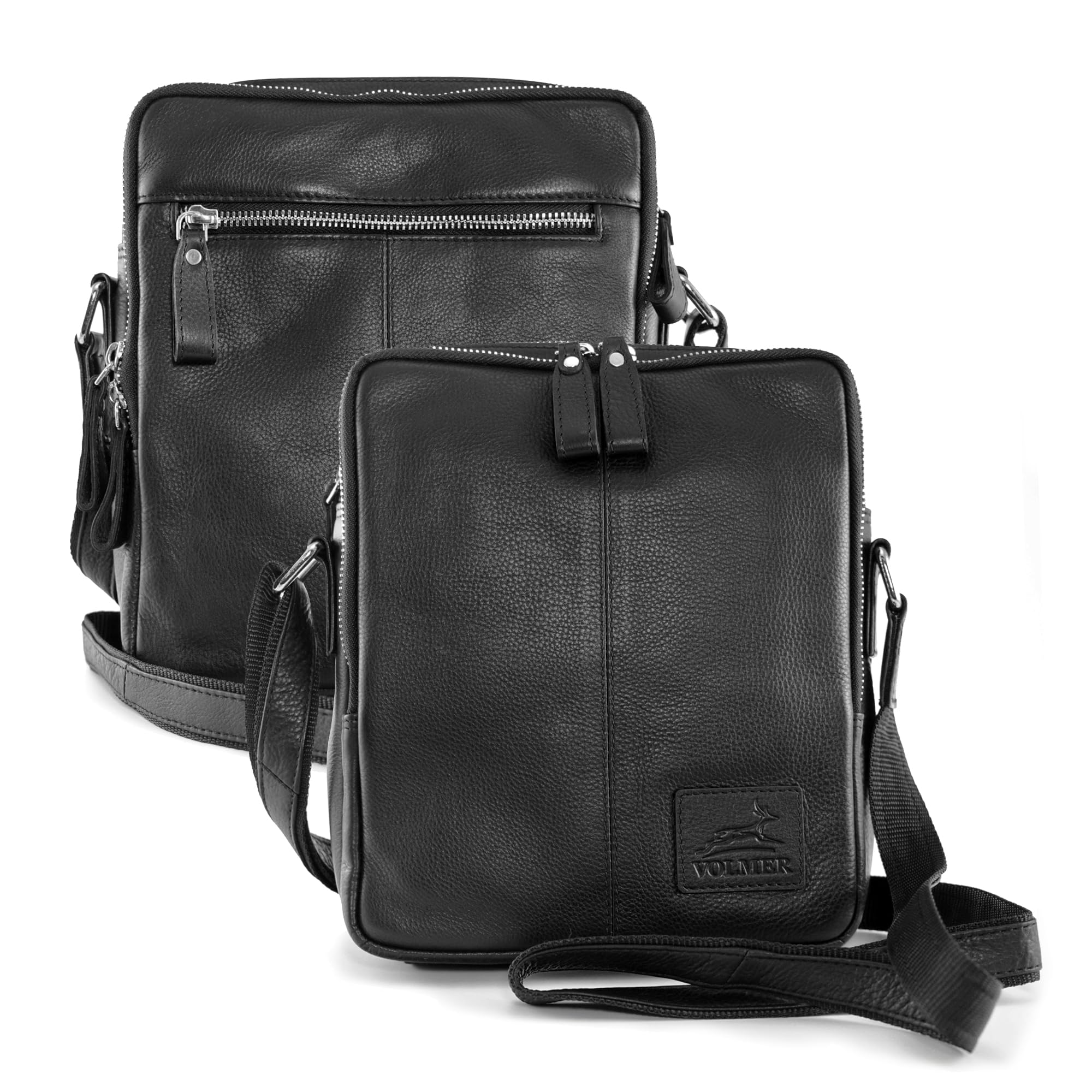 Fa.Volmer ® Echtleder Umhängetasche Herren – kleine Schultertasche, Messenger Bag für Tablet 9 Zoll, Business Tasche für Büro, Uni & Freizeit | Laredo (schwarz)