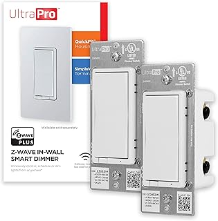 UltraPro Z-Wave Smart Light Dimmer with QuickFit & SimpleWire, 3-Way Ready, Works with Alexa, Google Assistant, ZWave Hub Required, Repeater/Range Extender, White Paddle, 2-Pack, Smart Switch, 54897