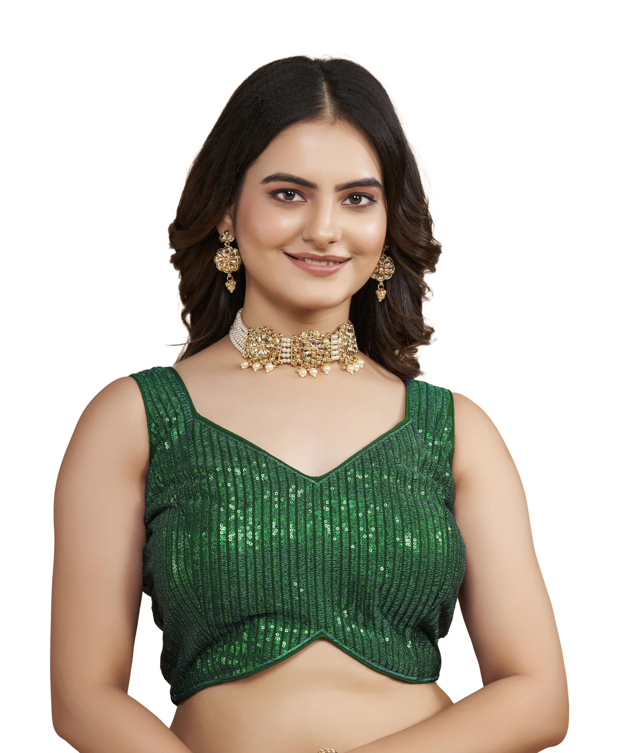 Vihu Fashion Women's Multicolor Sweetheart Neck Georgette Line Soft Sequence Zari Work Sleeves Readymade Saree Blouse (Green, 36)