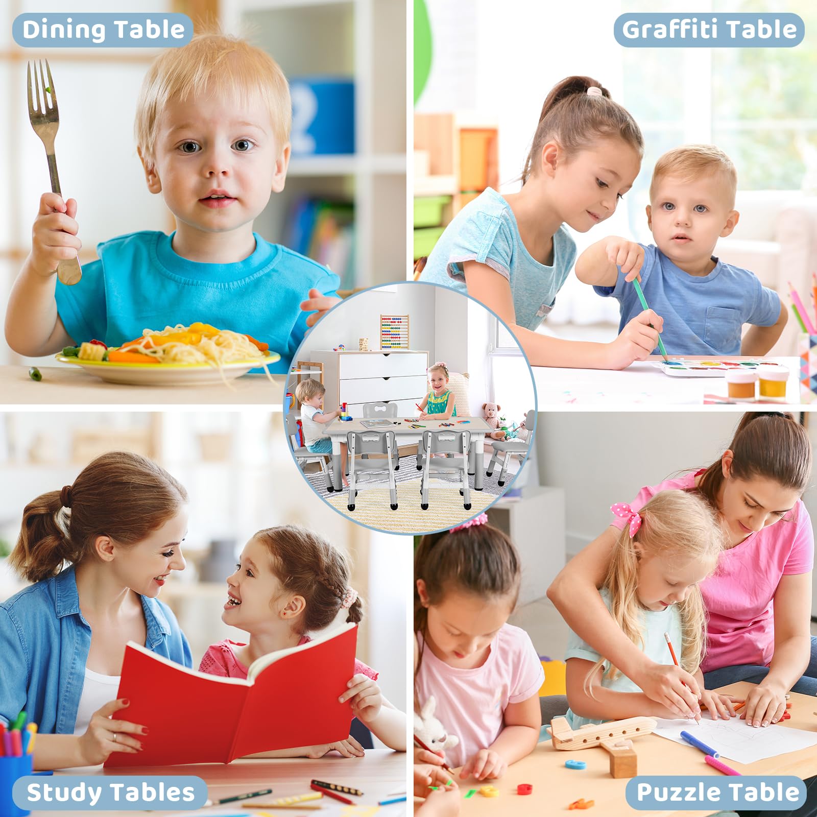 Clevich Kindertisch mit 6 Stühlen,Kinder Tisch Stuhl Set für Kindergarten und Kinderzimmer,Kindertischgruppe Höhenverstellbar,Plastik Kindermöbel,Sitzgruppe für Jungen Mädchen,Grau