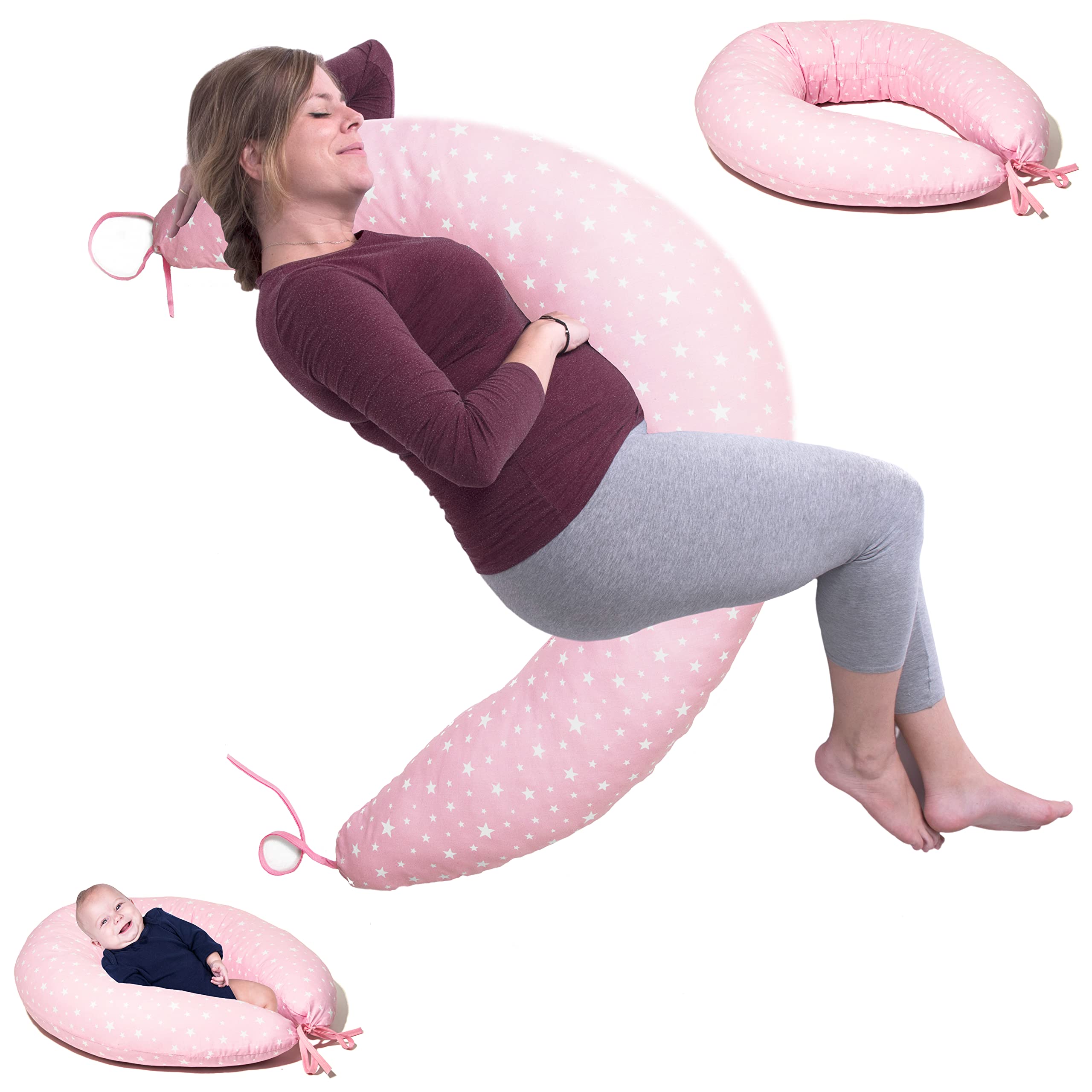 Cojin Lactancia Embarazo y Almohada Bebe XXL. Cojín Embarazada Desenfundable y Lavable Relleno de Poliester Multiusos Maternidad. (Rosa_Estrellas)