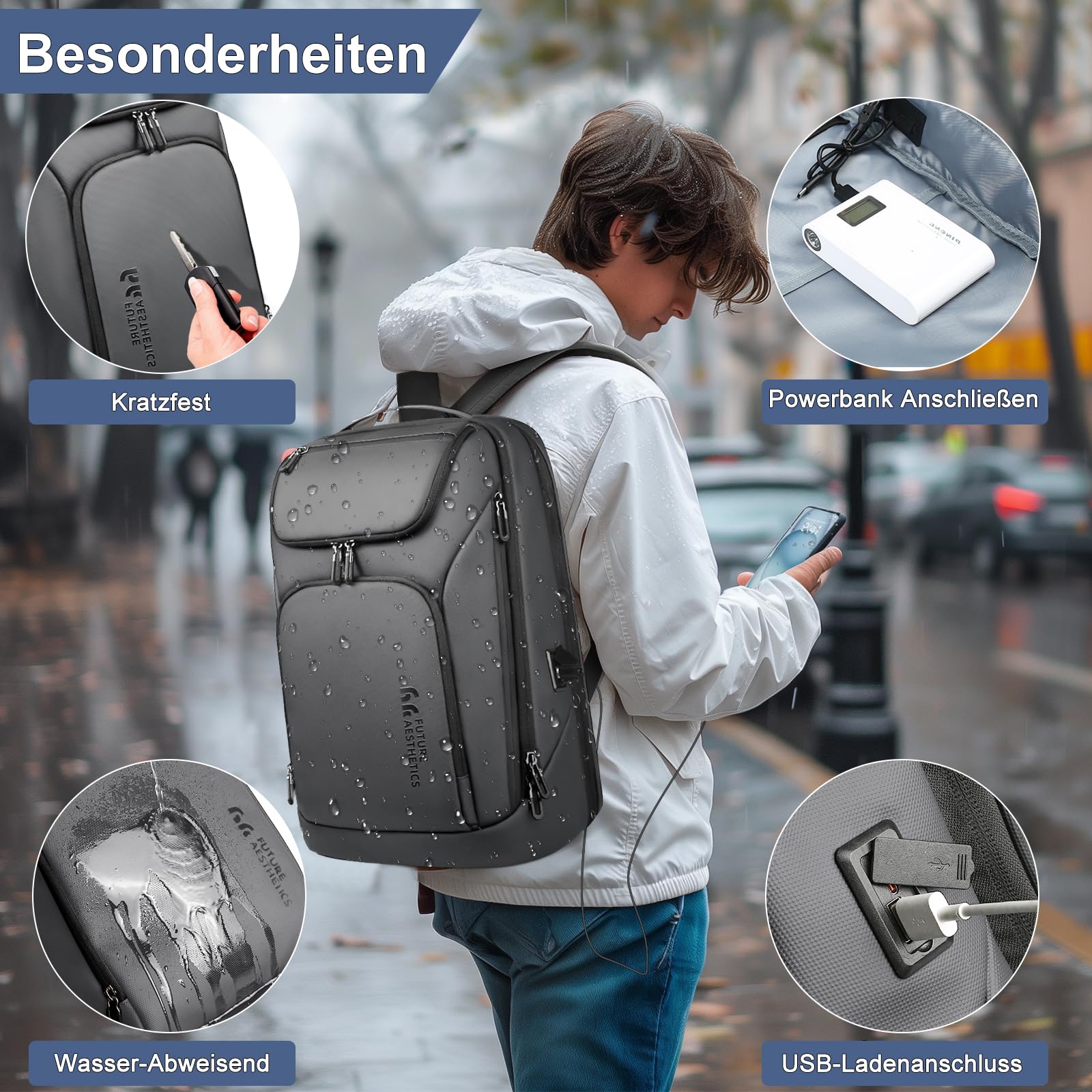 Herren Rucksack,17,3 Zoll Laptop Business Rucksack-Dunkelgrau | Wasserabweisender Kabinenrucksack mit USB-Anschluss, zugelassen als Bordgepäck, ideal für Arbeit, Geschäftsreisen & Ausflüge