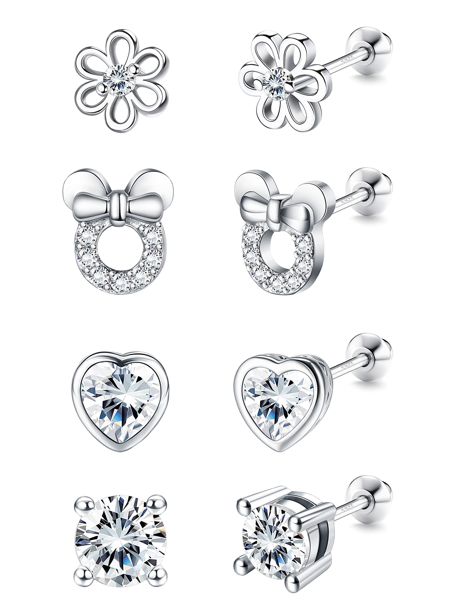 LOLIAS4 Pares Pendientes Niña Plata Hipoalergénicos Forma Corazón Flor Mariposa Mujeres Aretes Circonita Cúbica Conjunto Lindos Pendientes Rosas Joyería para Regalo