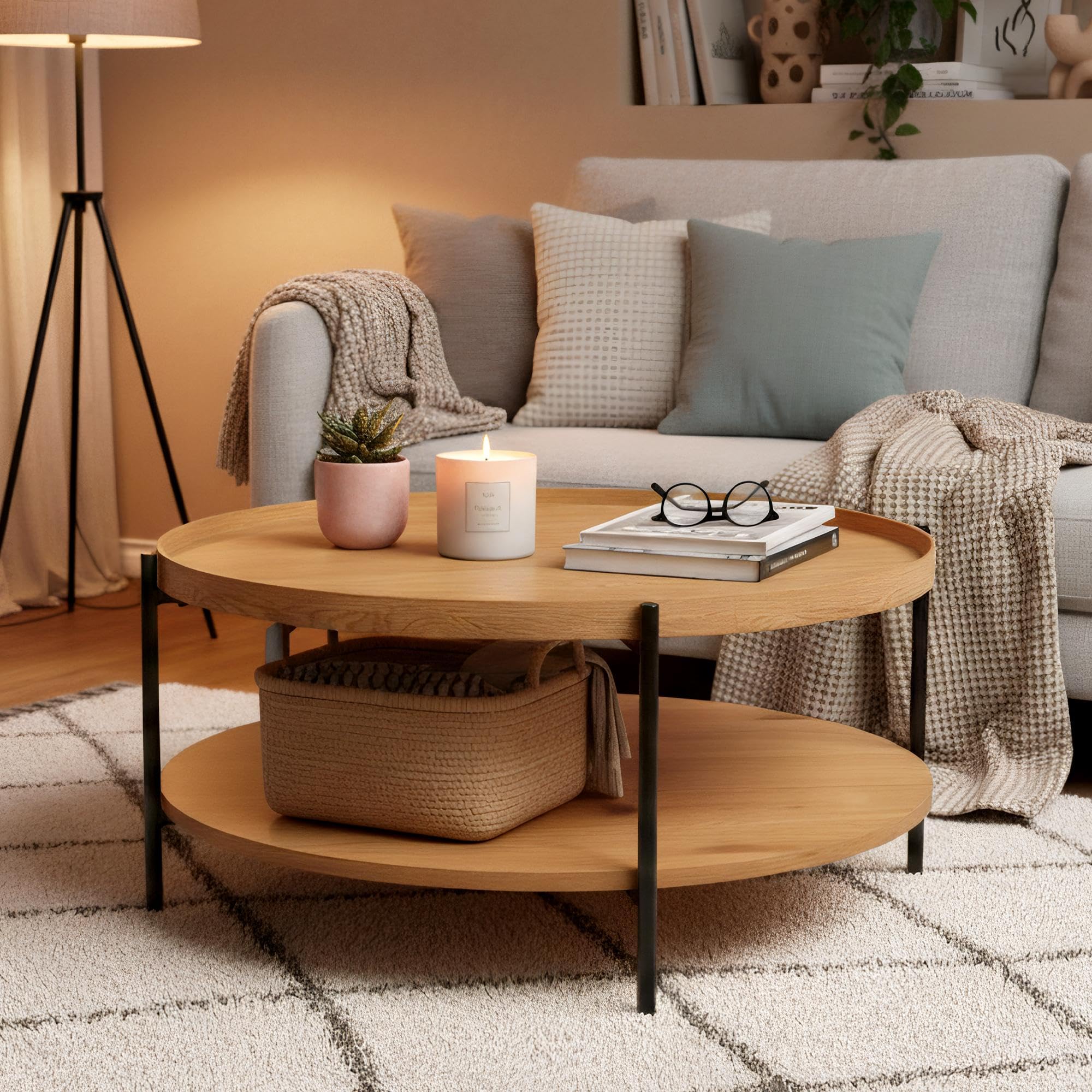 CLP Mesa de Centro Redonda de Madera Corbitan, mesita de salón de 2 Niveles con Almacenamiento, Estructura de Metal Negro pequeña, Color:Natura, Tamaño:Ø 80 cm