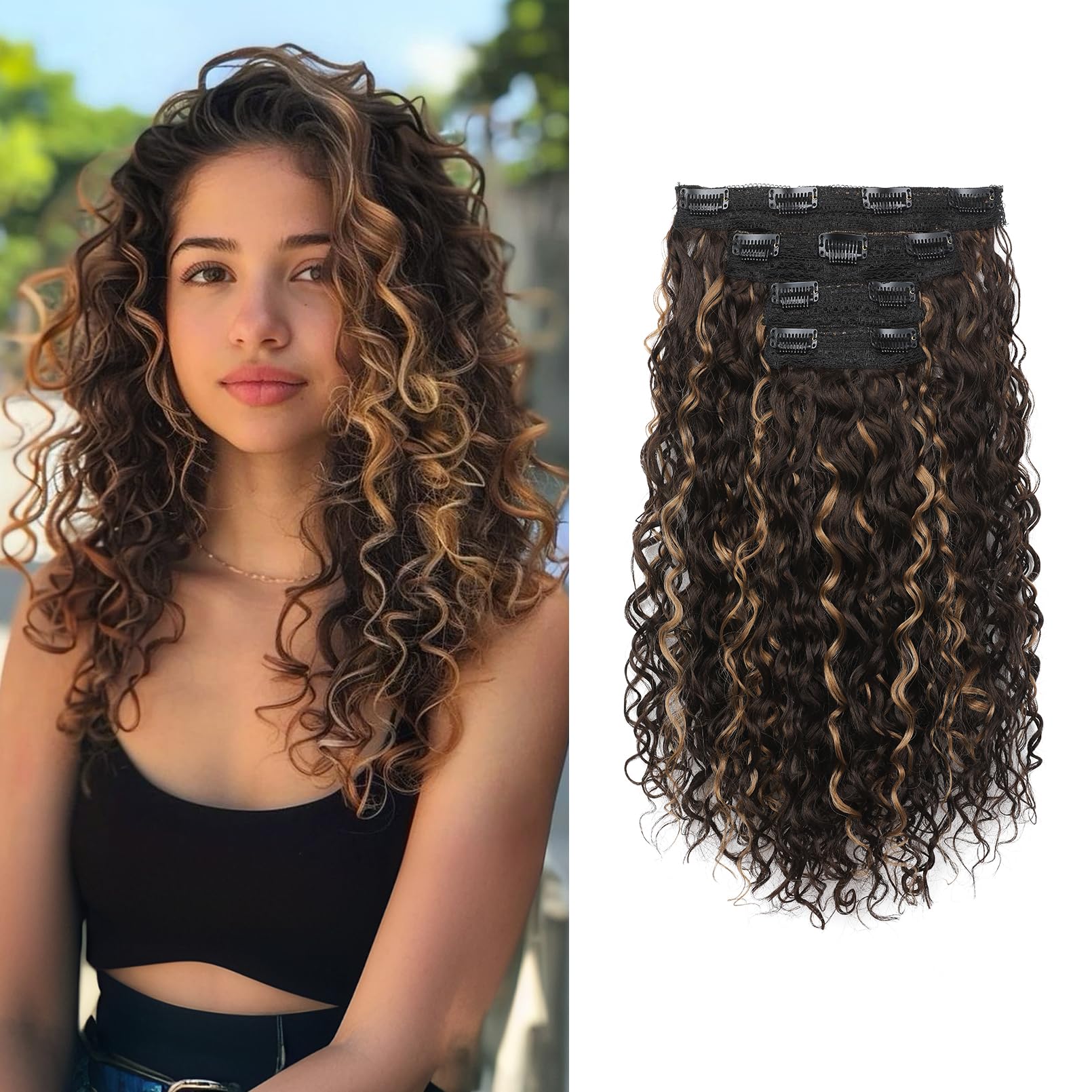 Flufymooz 4PC Clip in Hair Extensions, 14 Inch 100％ Pure Protein Silk Short Hairpiece Deep Curly Wavy Hair Extensions Clip in Natural Soft Hairpiece