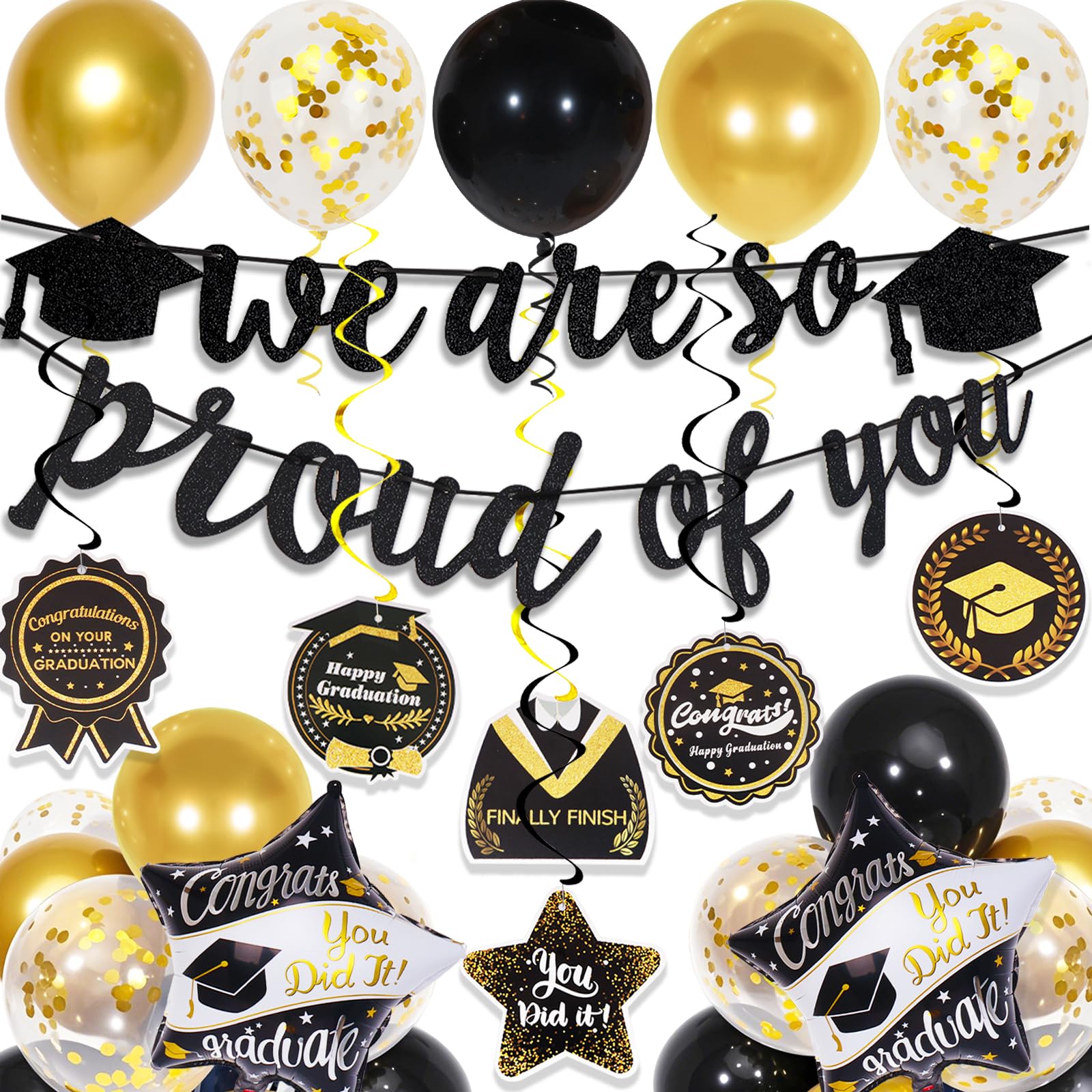 Photo 1 of Graduation Decorations 2026, Class of 2026 Decorations with We Are So Proud of You Banner and Graduation Balloons, Congrats Hanging Swirls