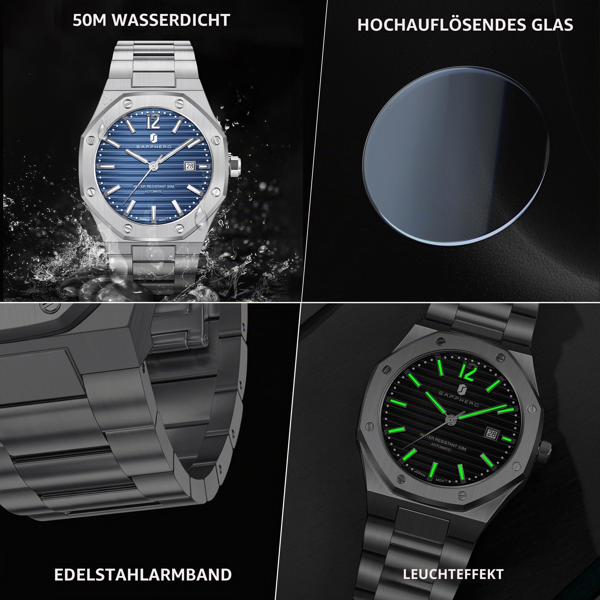 SAPPHERO Automatik-Herrenuhr Uhren Herren Edelstahlband 50M wasserdicht