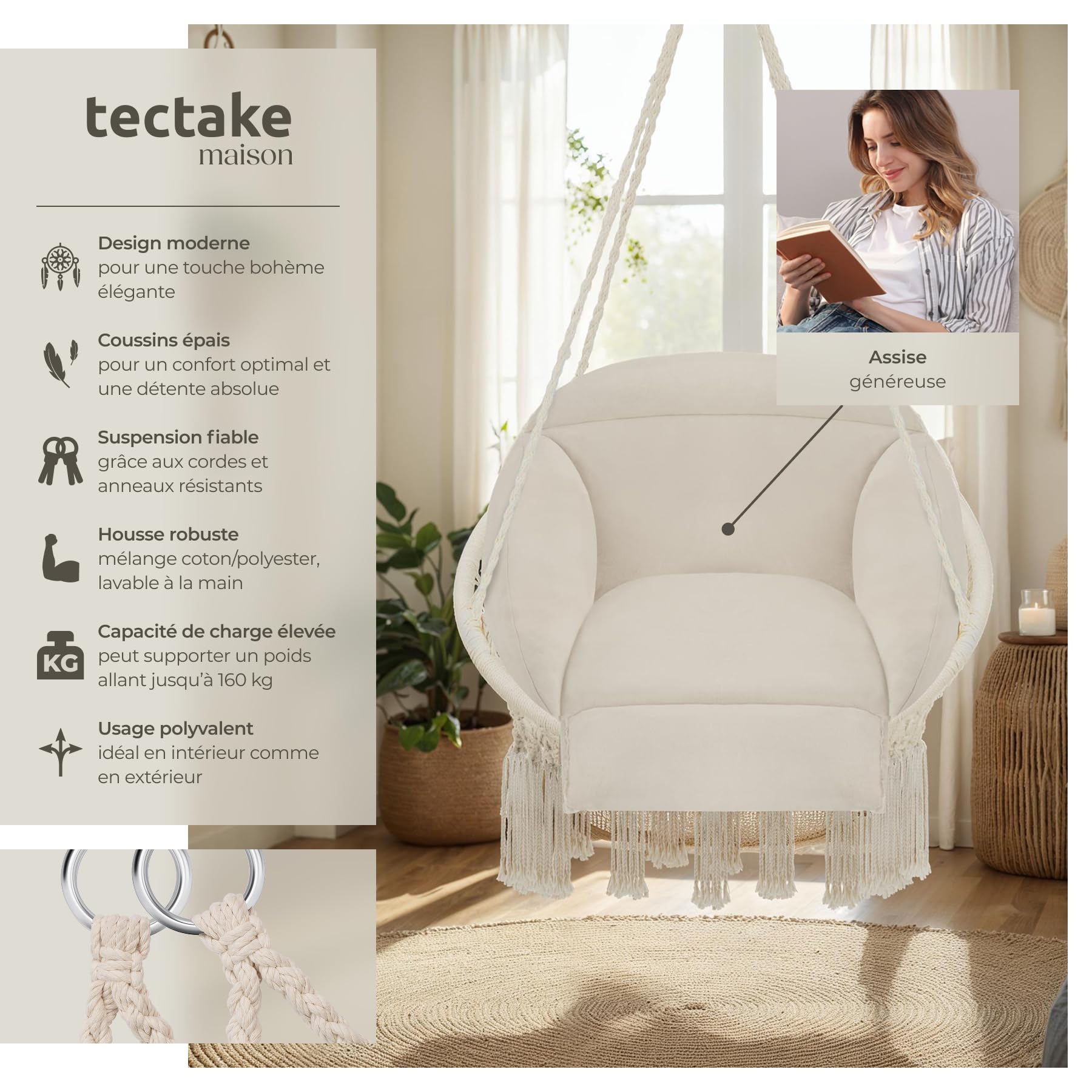 tectake® Fauteuil Suspendu Relax style boho Ø80cm, Design Intérieur & extérieur Fauteuil Relax max. 160kg Fauteuil de Lecture Cocooning 1 Place, pompons, Coussin Chaise XXL Moelleux épaisseur 10-12 cm