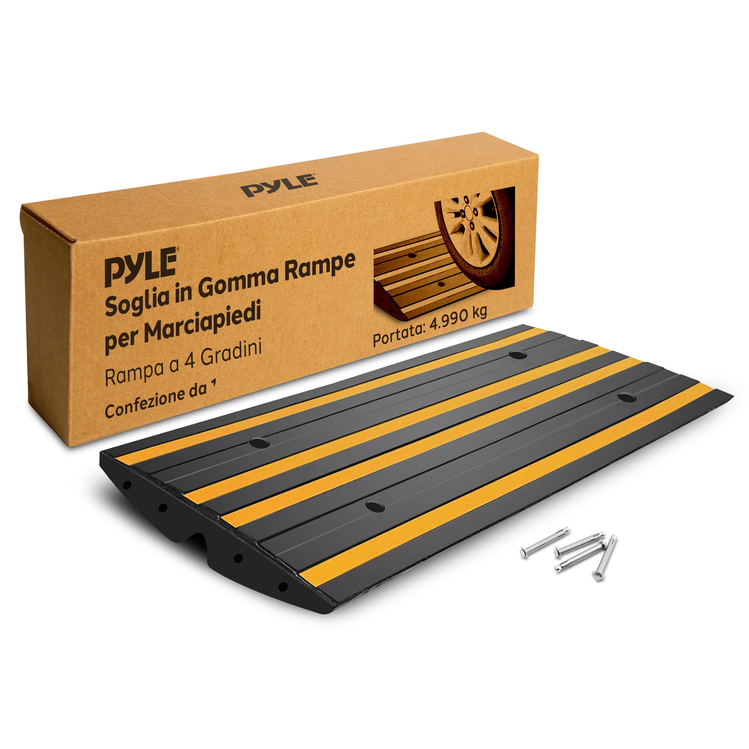 Pyle Rampa Auto in Gomma 120x40x6,5 cm, Rampe per Auto Antiscivolo Impermeabili con Strisce Riflettenti Gialle e Viti di Fissaggio