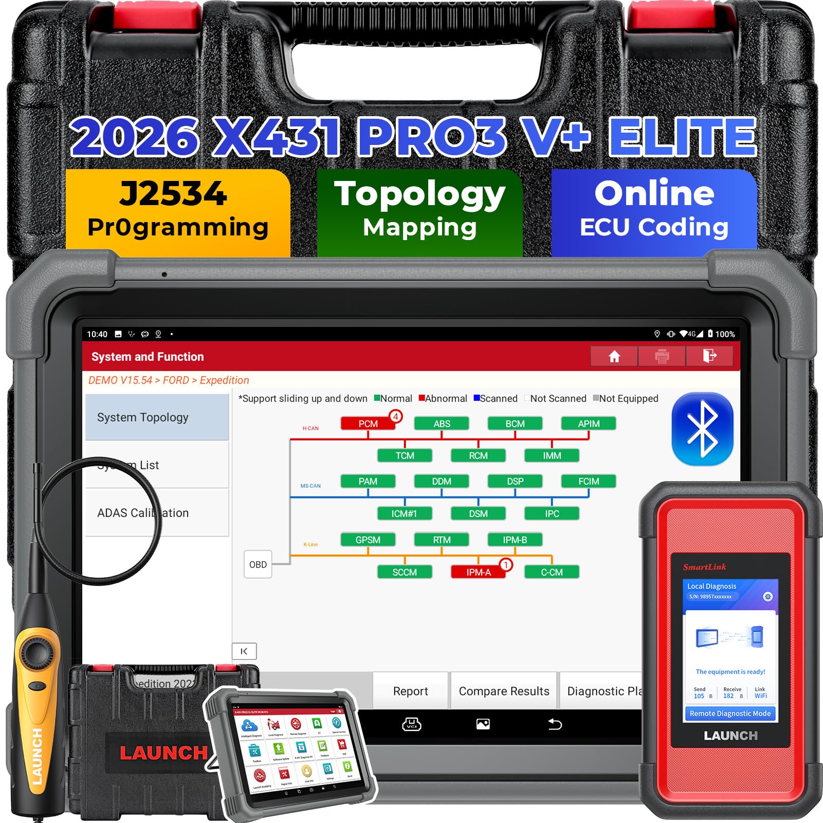 Launch X431 PRO3 V+ Elite J2534 Programming Bidirectional Scanner ECU Code | Include Endoscope, Topology Map, 2 Yrs Updates, ECU Coding, 3000+ Active Tests, 60 Services, CANFD DoIP, FCA SGW, 10" Screen