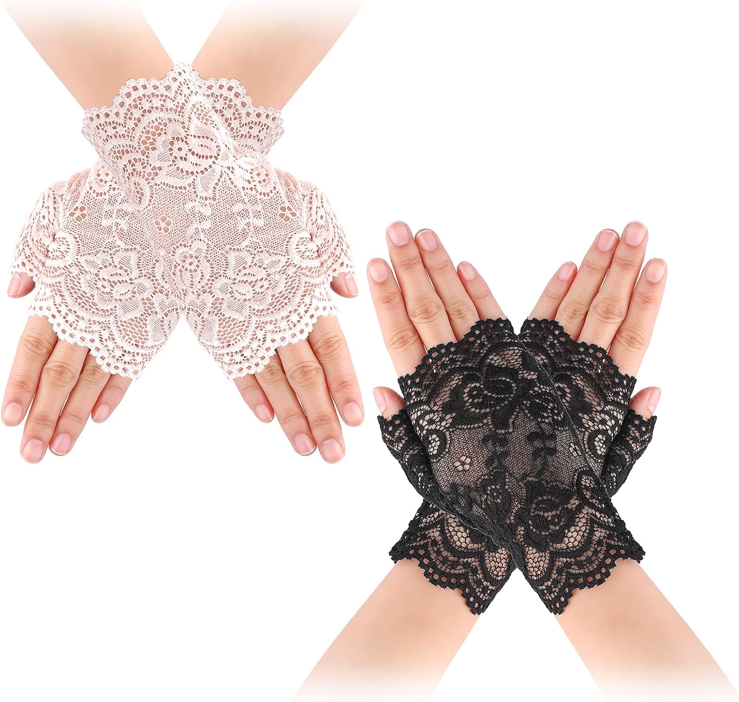 2 Pairs Short Lace Gloves Tea Party Black white lace