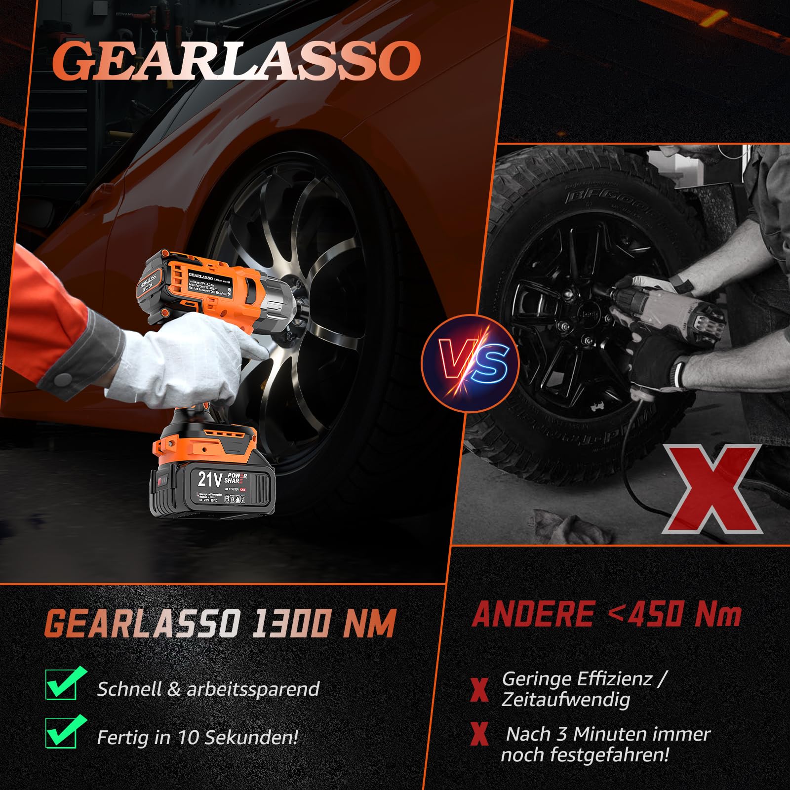 1300 Nm Akku-Schlagschrauber, 1/2 Zoll, 21V bürstenloser Schlagschrauber mit hohem Drehmoment, mit 2 x 4,0 Ah Akkus, 6 Steckdosen,für Radmuttern von Auto, Wohnmobil, LKW