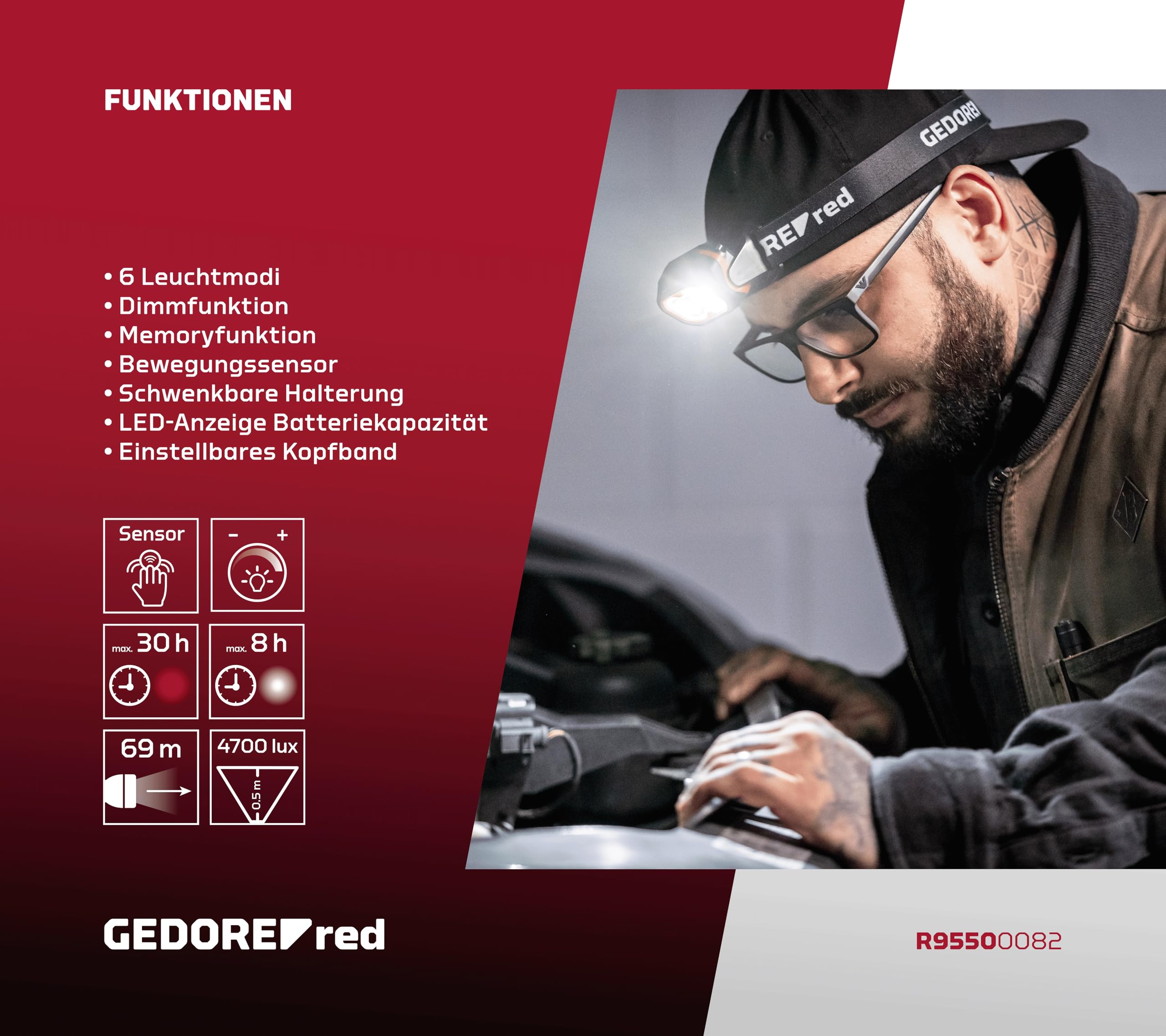 GEDORE Czerwona lampa czołowa LED, do ponownego ładowania z akumulatorem litowo-jonowym, 800 lumenów, regulacja ostrości i bezstopniowe ściemnianie, zasięg świecenia do 69 m, z czerwonym światłem