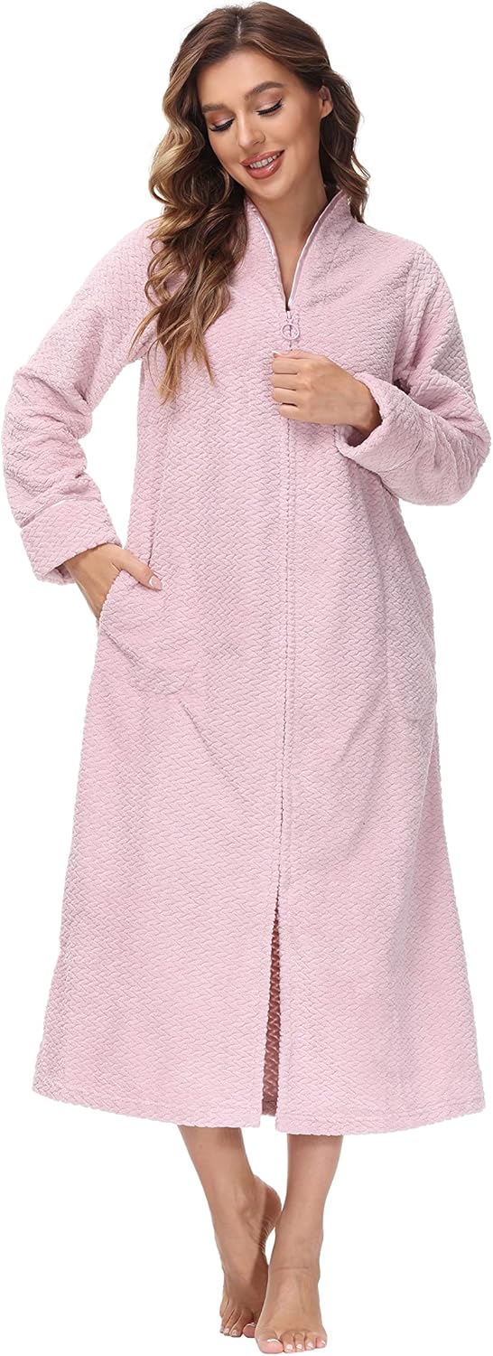 INK+IVY Embossed Plush Front Zipper Robe for Women - Full-Length Housecoat - Ladies Bathrobe Loungewear with Pocket, Collar & Cuff, Chalky Rose, M - Image 2