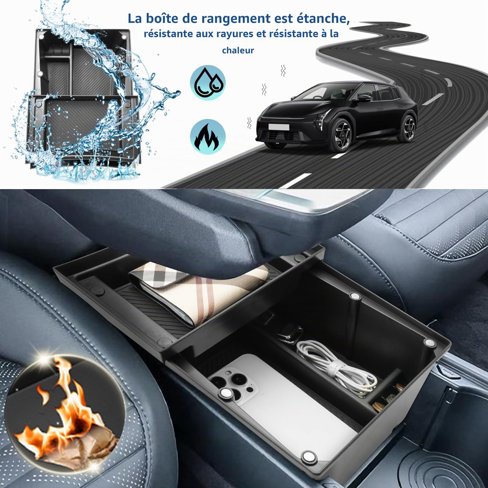 SHAOHAO Compatible avec Kia EV4 CT 2025 2026 2027 Compartiment de rangement à deux niveaux dans la console centrale Mécanisme coulissant Fermeture magnétique Kia EV4 Accessoires