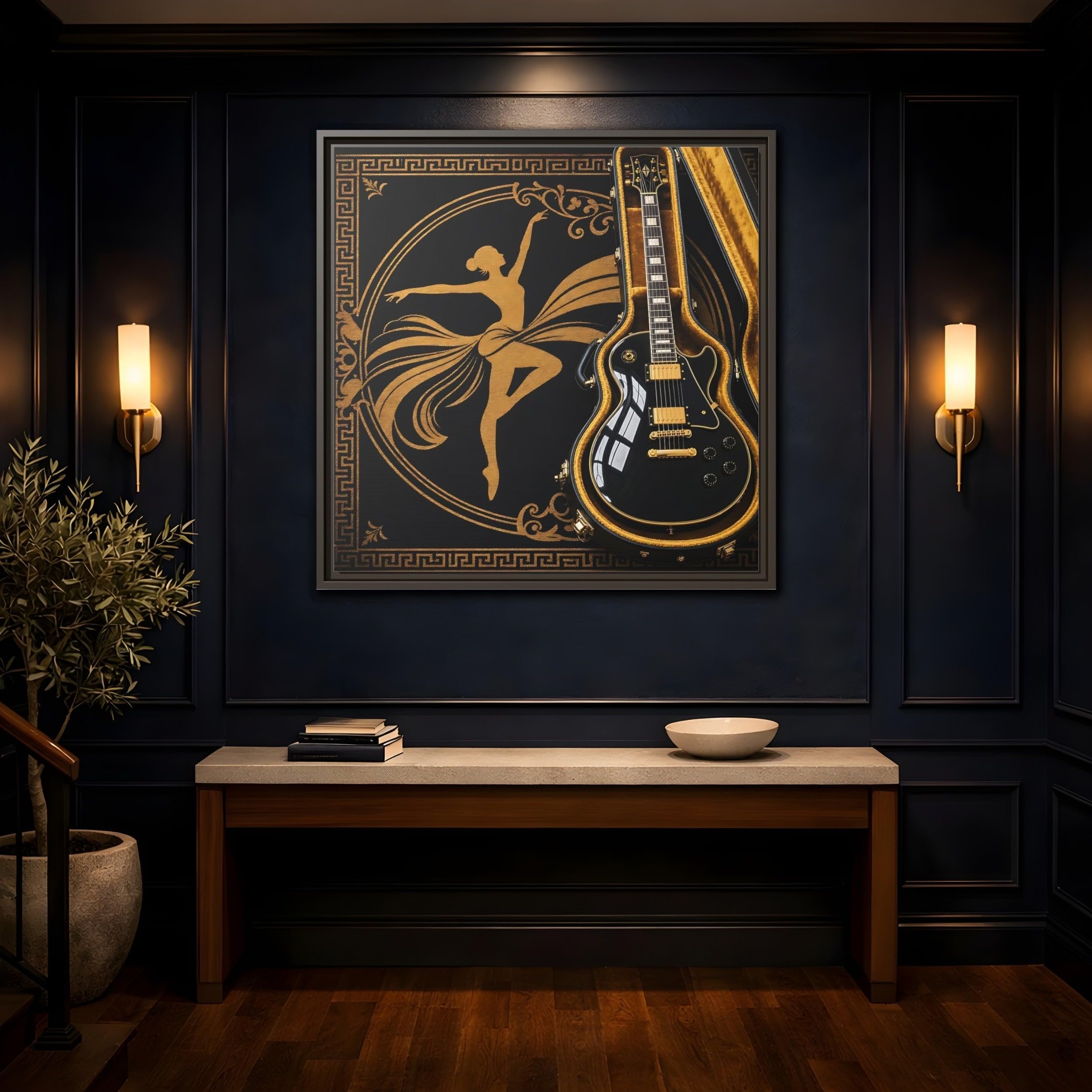 Vintage Dancer Guitar Black And Gold Framed Canvas Print – Art Deco Living Room, Above Fireplace 16×16 inch (40×40 cm) - Square/White / 1.25 inch (3 cm)
