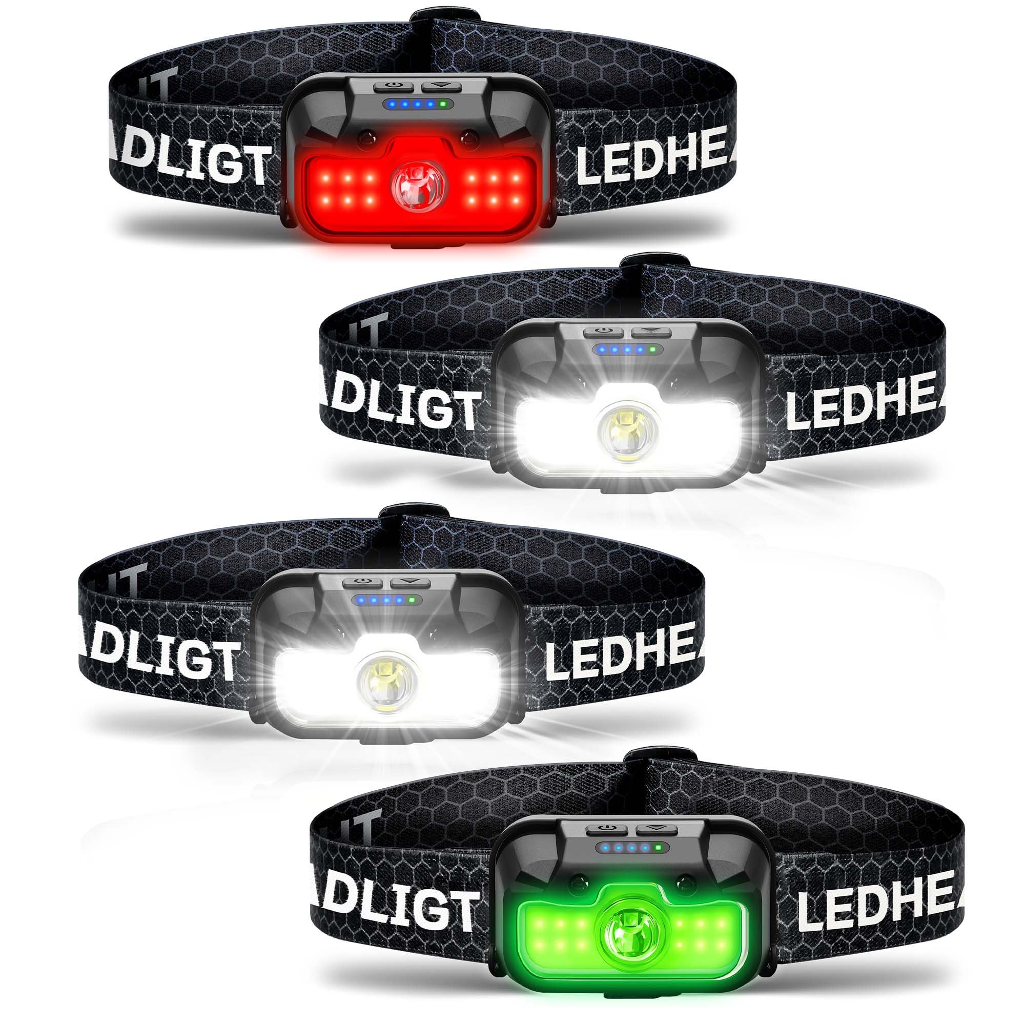 HOKOILN Lot de 4 lampes frontales rechargeables, 1300 lumens, ultra lumineuses avec blanc, rouge, vert, 14 modes réglables, étanches, détecteur de mouvement, pour camping, course à pied, cyclisme,