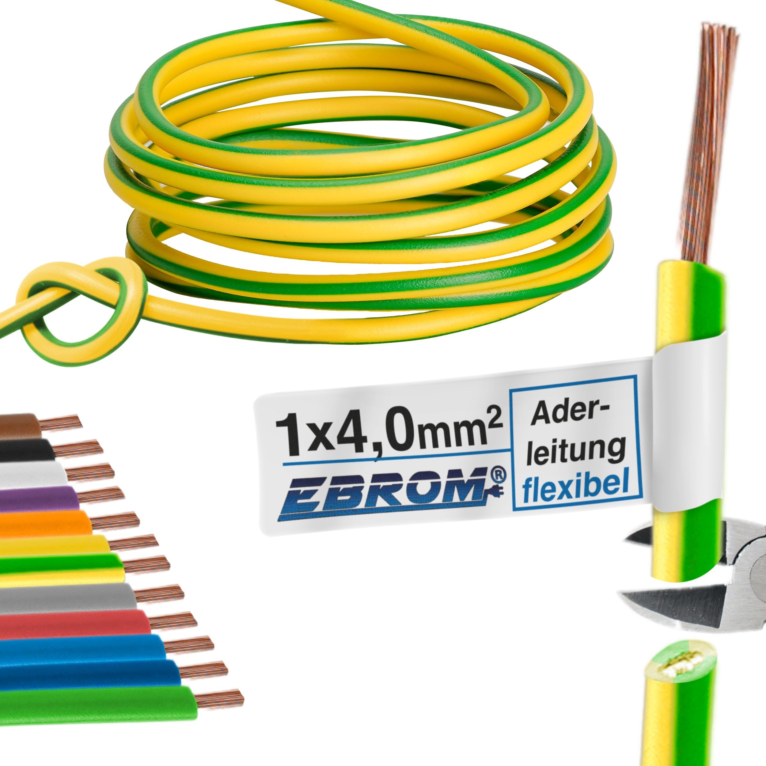 EBROM Aderleitung 4mm² – 15 Meter, Grün-gelb, H07V-K Mehrdrähtig Flexibel, 99,9% OFC Kupfer