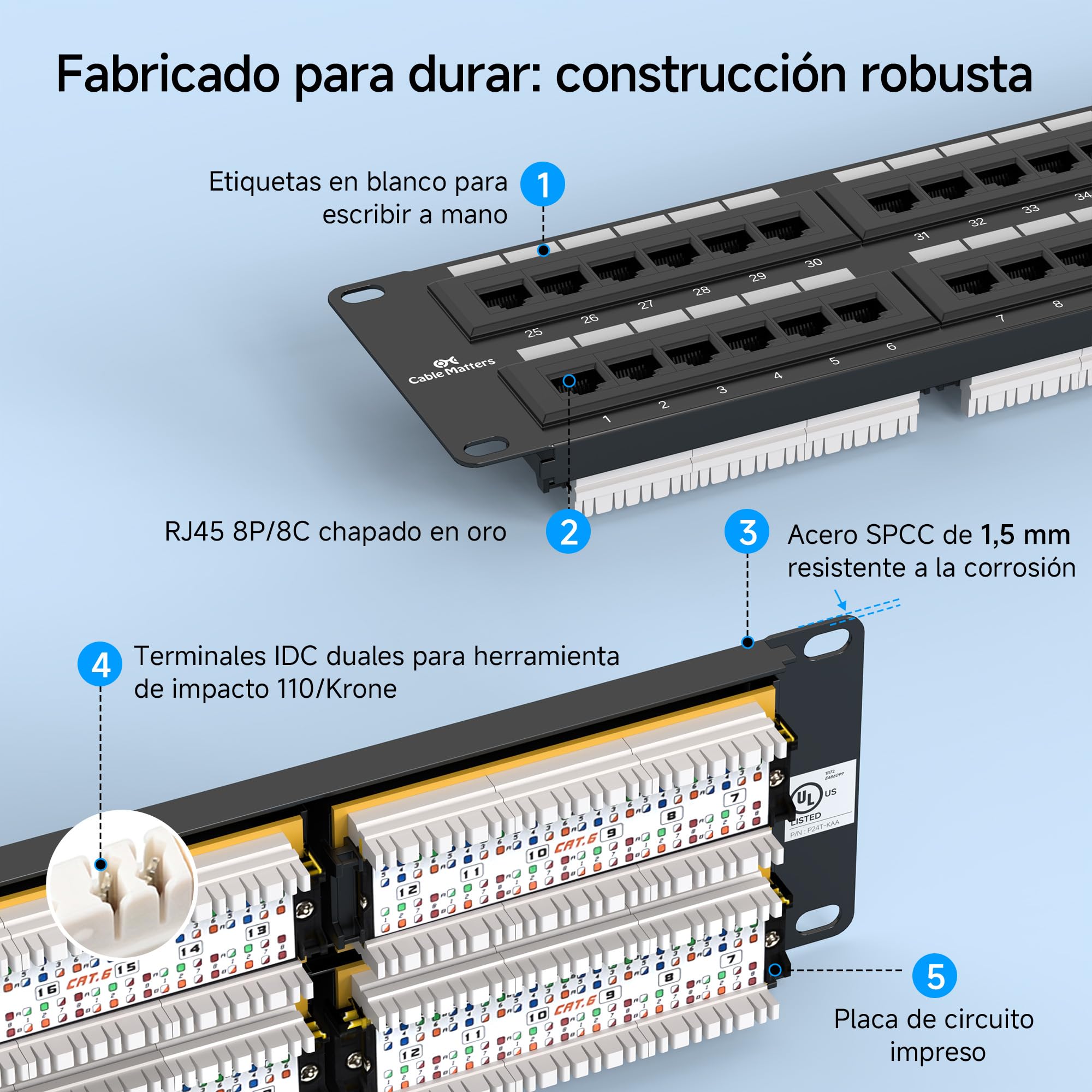 Cable Matters Panel de conexión de red de 48 puertos para montaje en bastidor o en pared 2U de 19 pulgadas para conmutador de red Gigabit, compatible con herramientas de impacto 110 o Krone