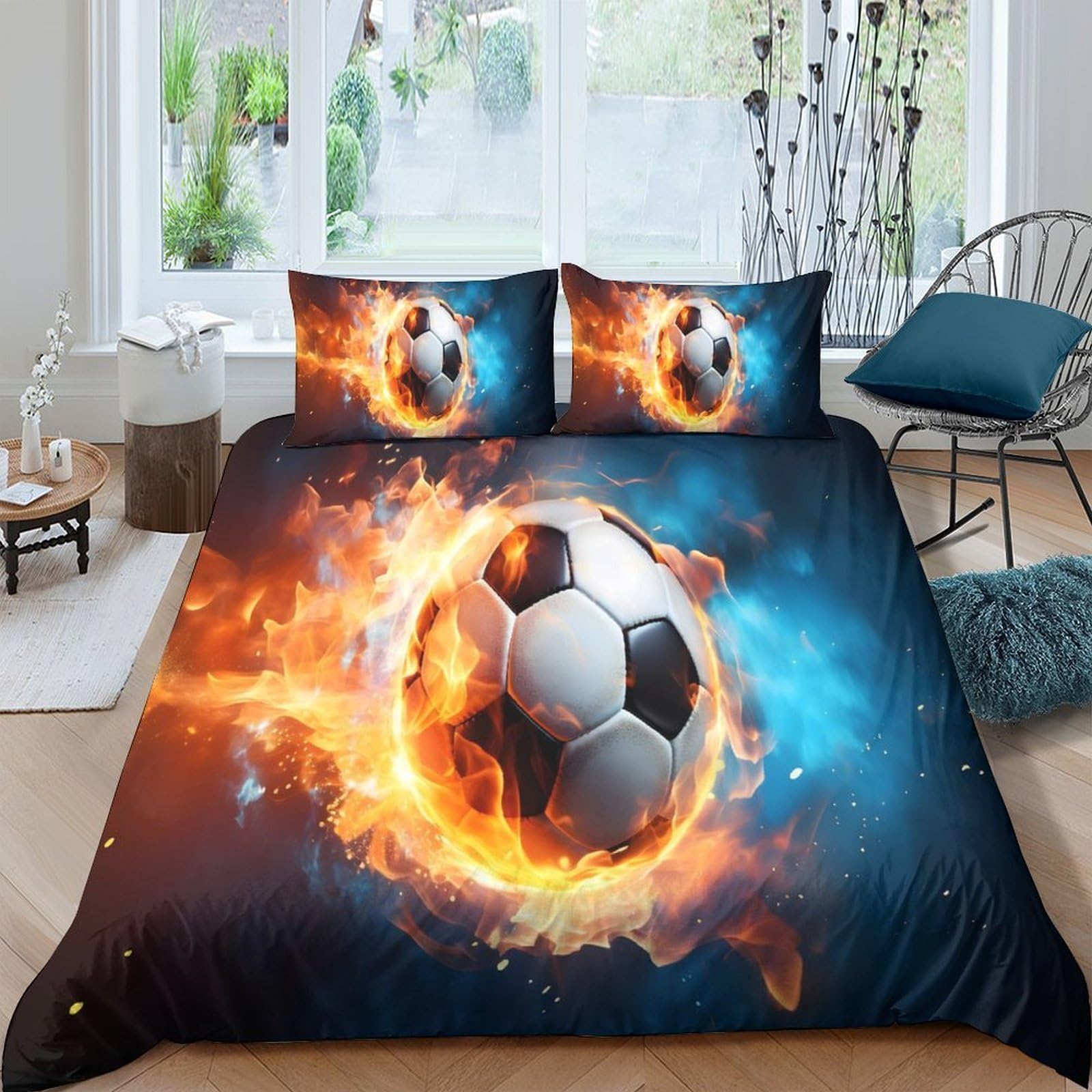 Ctjqhvkz Style-7 3D Printed Flaming Soccer Ball Fitted Sheet Microfiber Soft Anti-Slip Bed Cover For Bedroom Dorm Mattress Protection Decor Single（135X200cm）