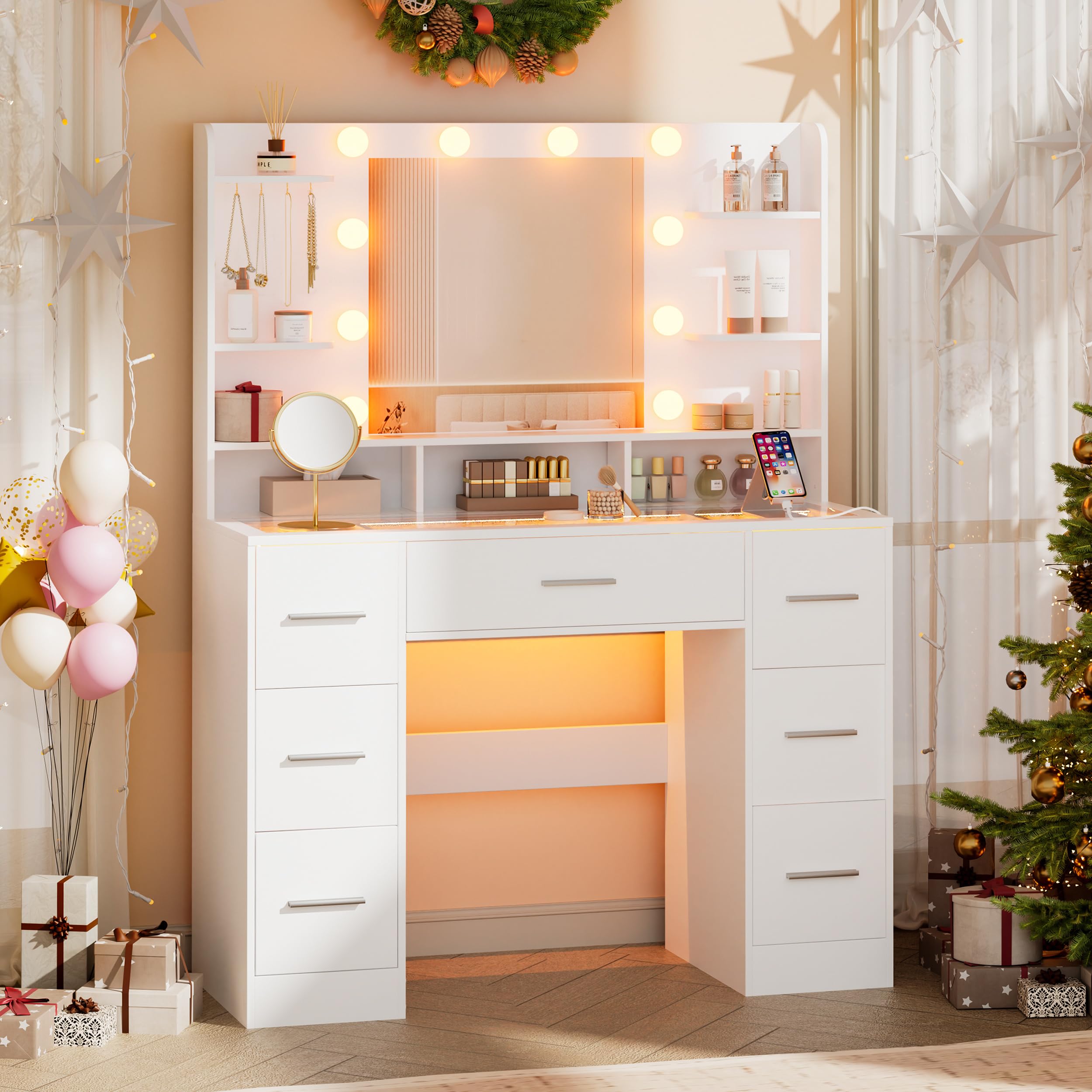 Coiffeuse Lumineuse avec Miroir LED, Table de Maquillage Moderne, Station de Chargement USB, Rangements Réglables, Plateau en Verre, Éclairage 3 Températures