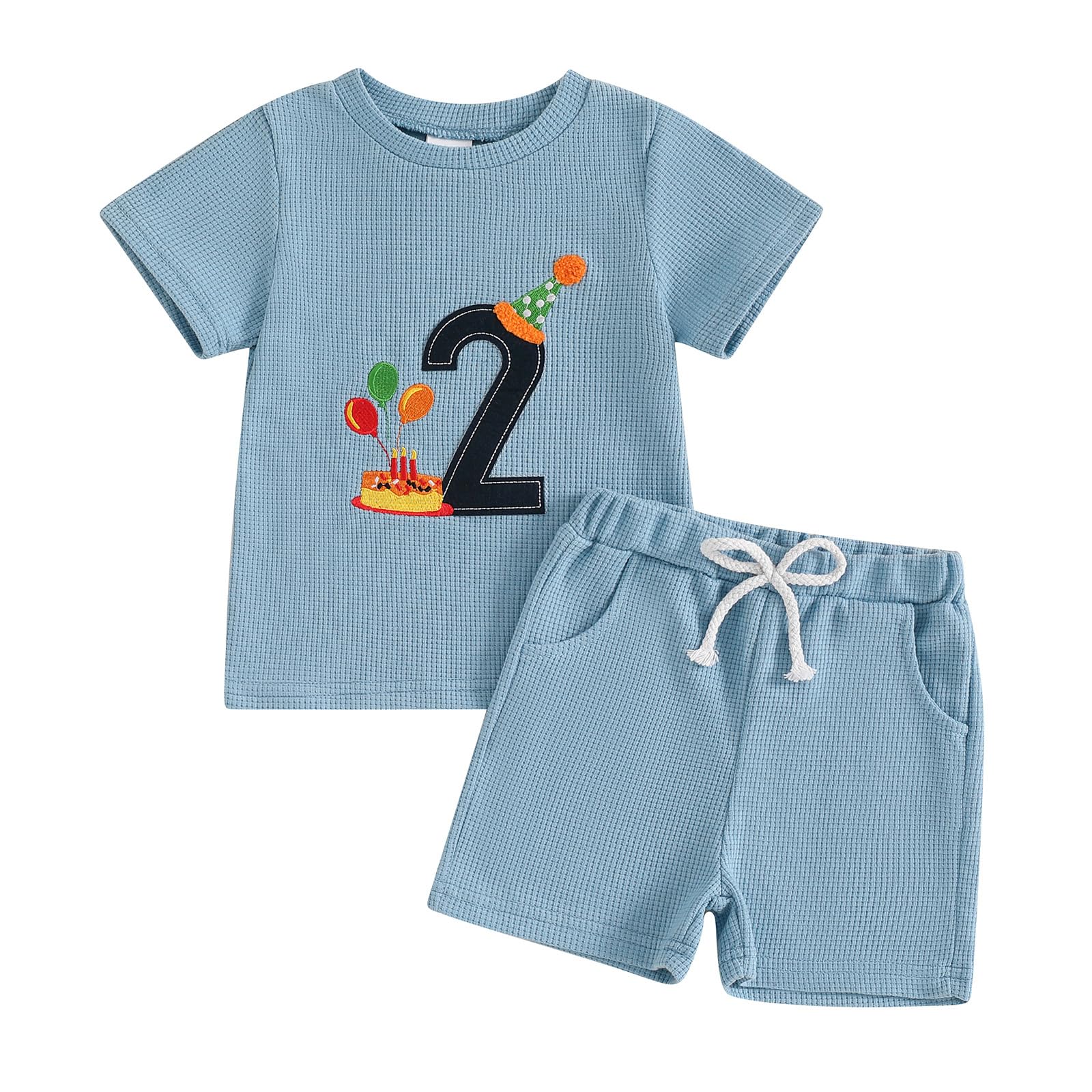 KtwHarnu Toddler Baby Boy 1st 2nd Birthday Outfit Embroidery Waffle Knit Short Sleeve T-Shirt Shorts Set Cake Smash Outfit ?Two Blue, 2-3 T