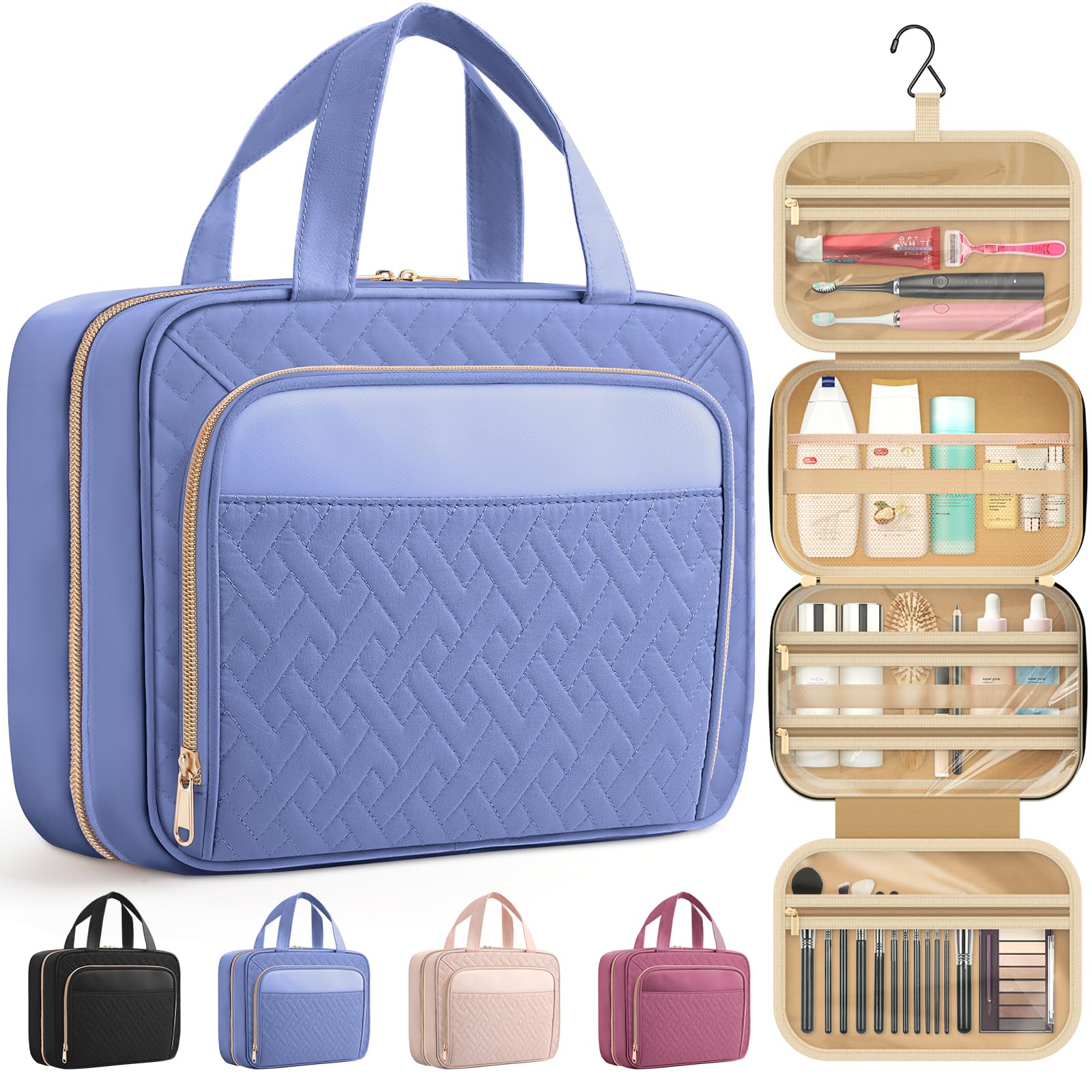 HOTOR Travel Toiletry Bag for Women & Men, Waterproof Makeup Bag with Hanging Hook and Multiple Pockets, Cosmetic Bags for Women, Travel Essentials, 11.2'' x 3.2'' x 8.9'', Aegean-Blue