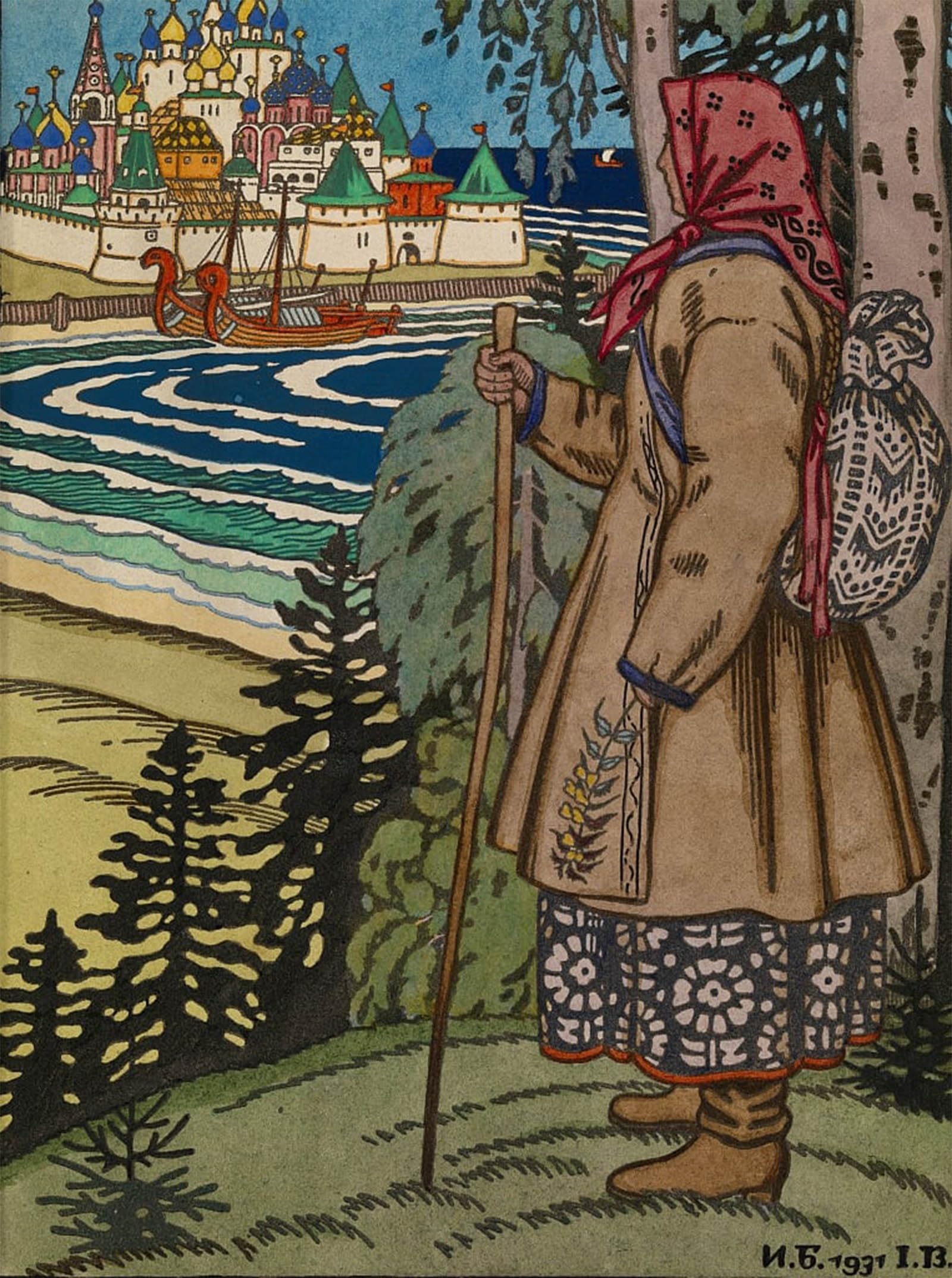 ARTXLXXBN Famous Prints Artwork Pictures Poster Painting Art Peasant Girl Illustration to the Book Contes De Lisba by Ivan Yakovlevich Bilibin Artwork Landscape Pictures for Home Decor 60x90cm