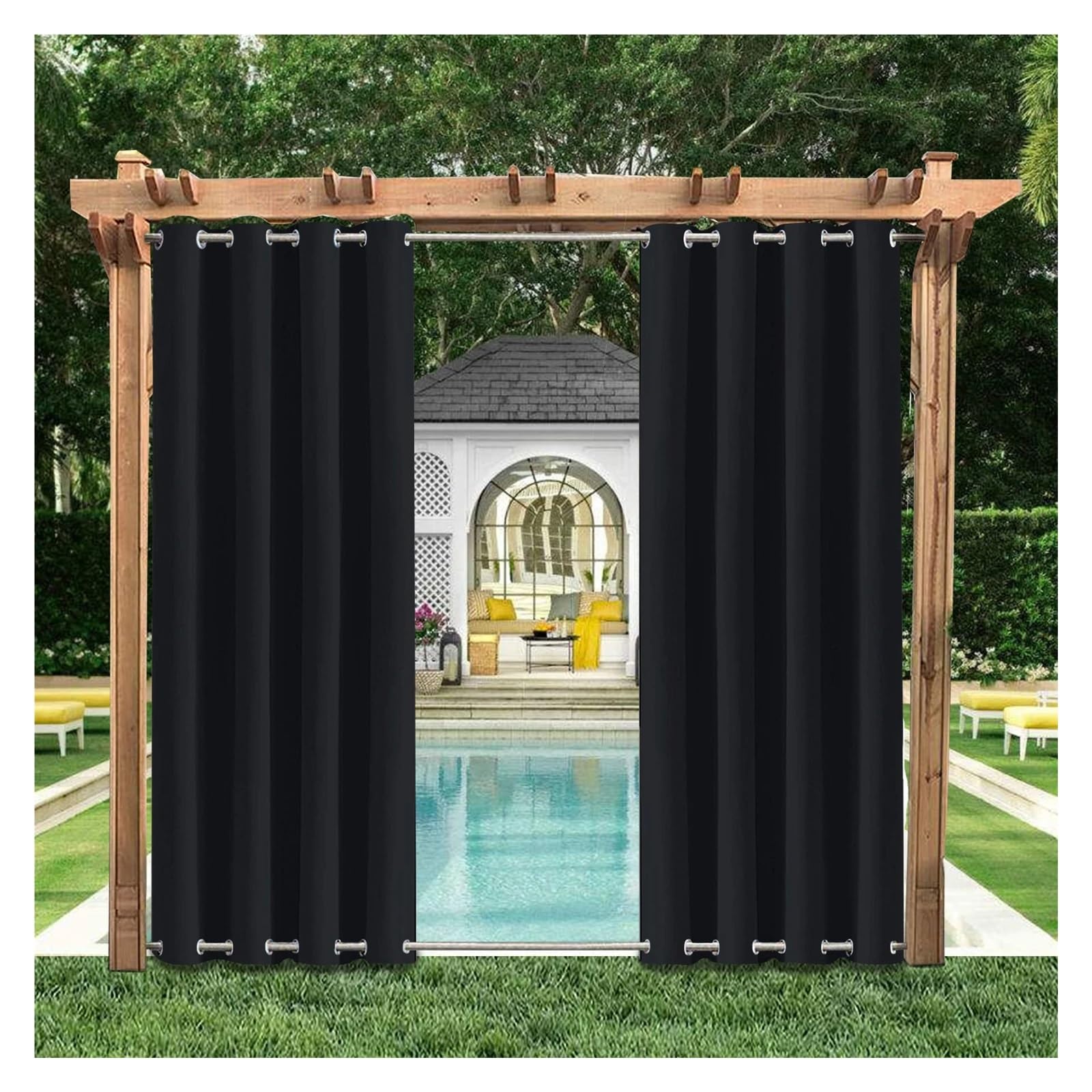 YXINAER Pergola Curtains Windproof Outdoor Curtains With On Under Eyelets Wheat,Waterproof Blackout For Patio Cabana Porch Gazebo Pergola Garden(Black,2PCS_W52XH84IN-132X213CM)