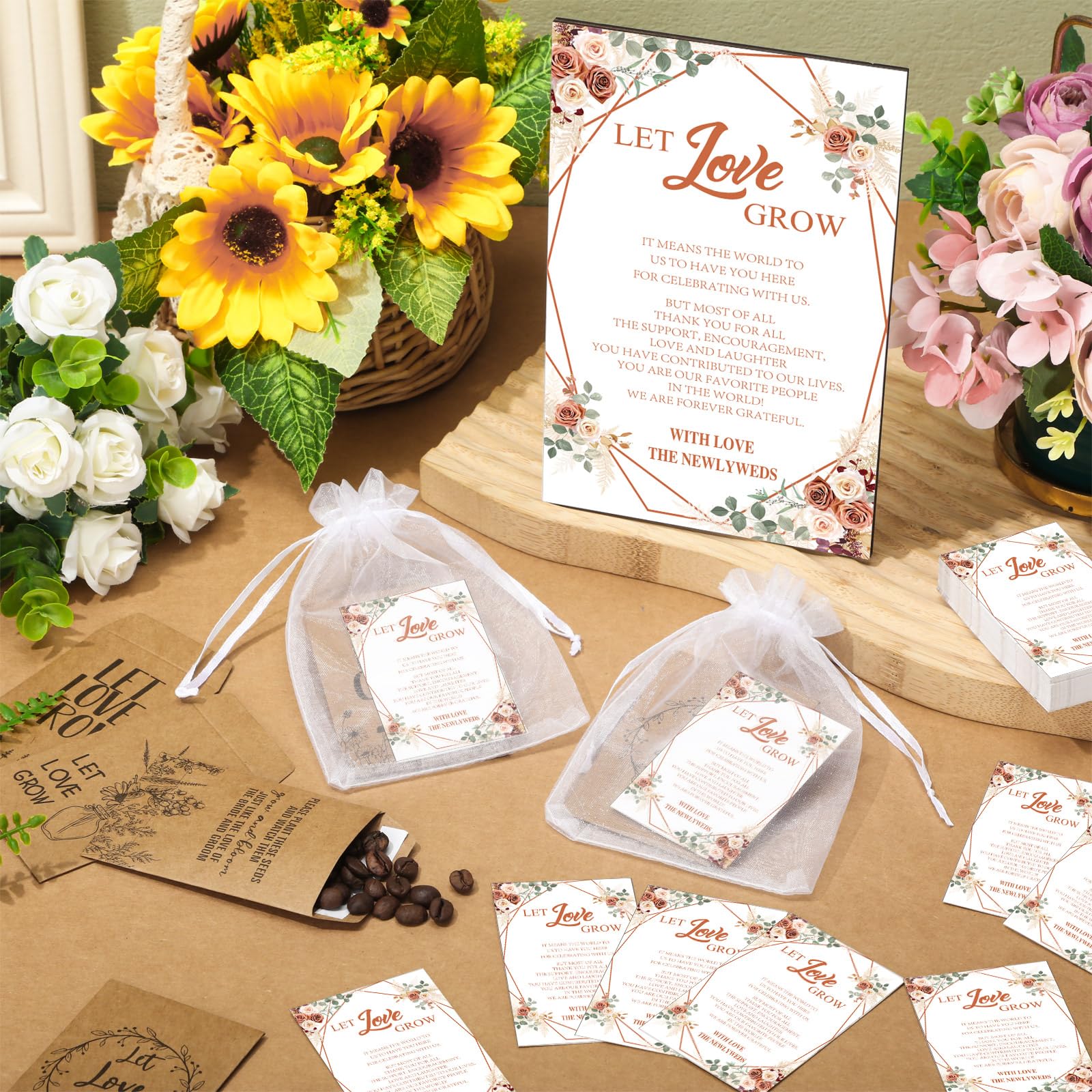 Ireer 301 Hochzeitsgeschenk-Set beinhaltet 1 Holzschild mit Aufschrift "Let Love Grow", 100 selbstklebende Samenpakete, Kraftpapier, Samenumschläge, 100 Dankeskarten, 100 Organza-Geschenktüten (Boho)
