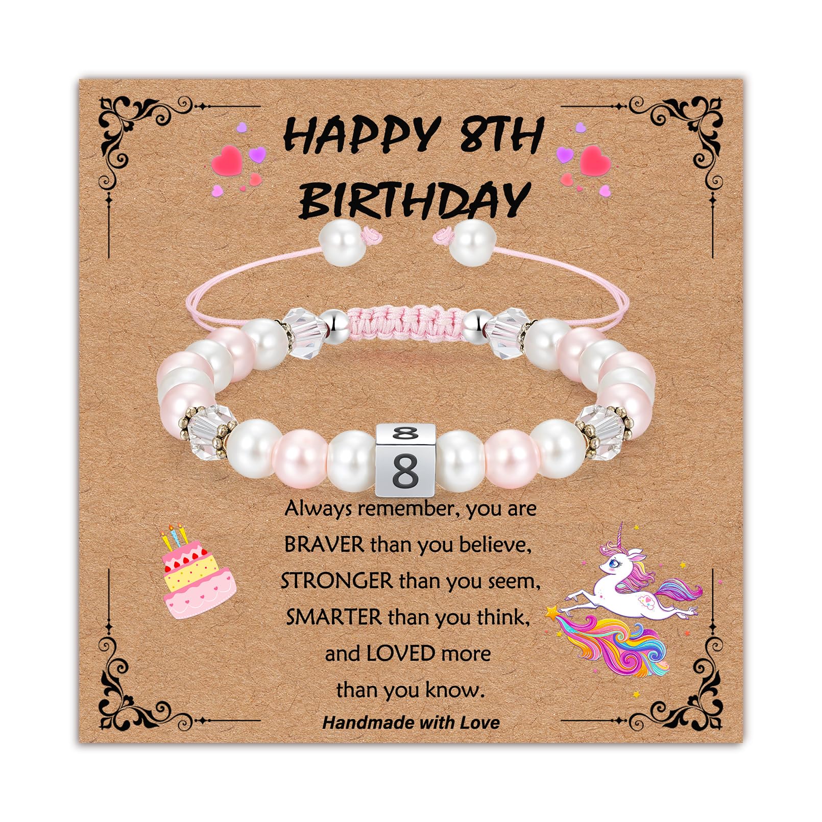 4-12 Year Old Girl Birthday Gifts, Adjustable Pink White Pearl Beaded Bracelet for Teen Girls, 4-12th Happy Birthday Christmas Graduation Gifts for Daughter Granddaughter Niece