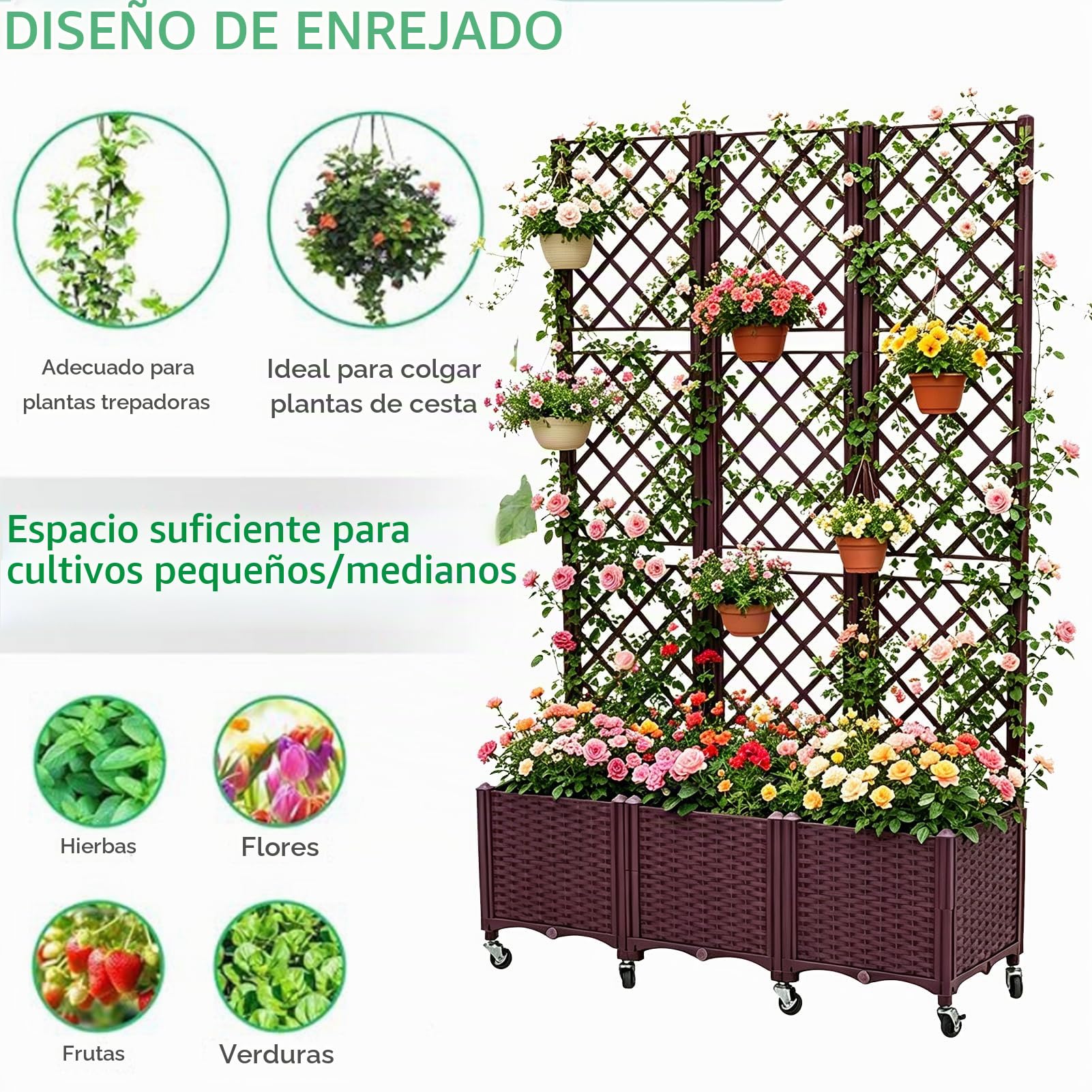 Jardinera 3 Piezas con Enrejado, 120x40x193cm, Macetero Alto de PP Resistente con Ruedas Bloqueables y Agujeros de Drenaje, para Plantas Trepadoras en Balcón, Terraza o Jardín, Marrón