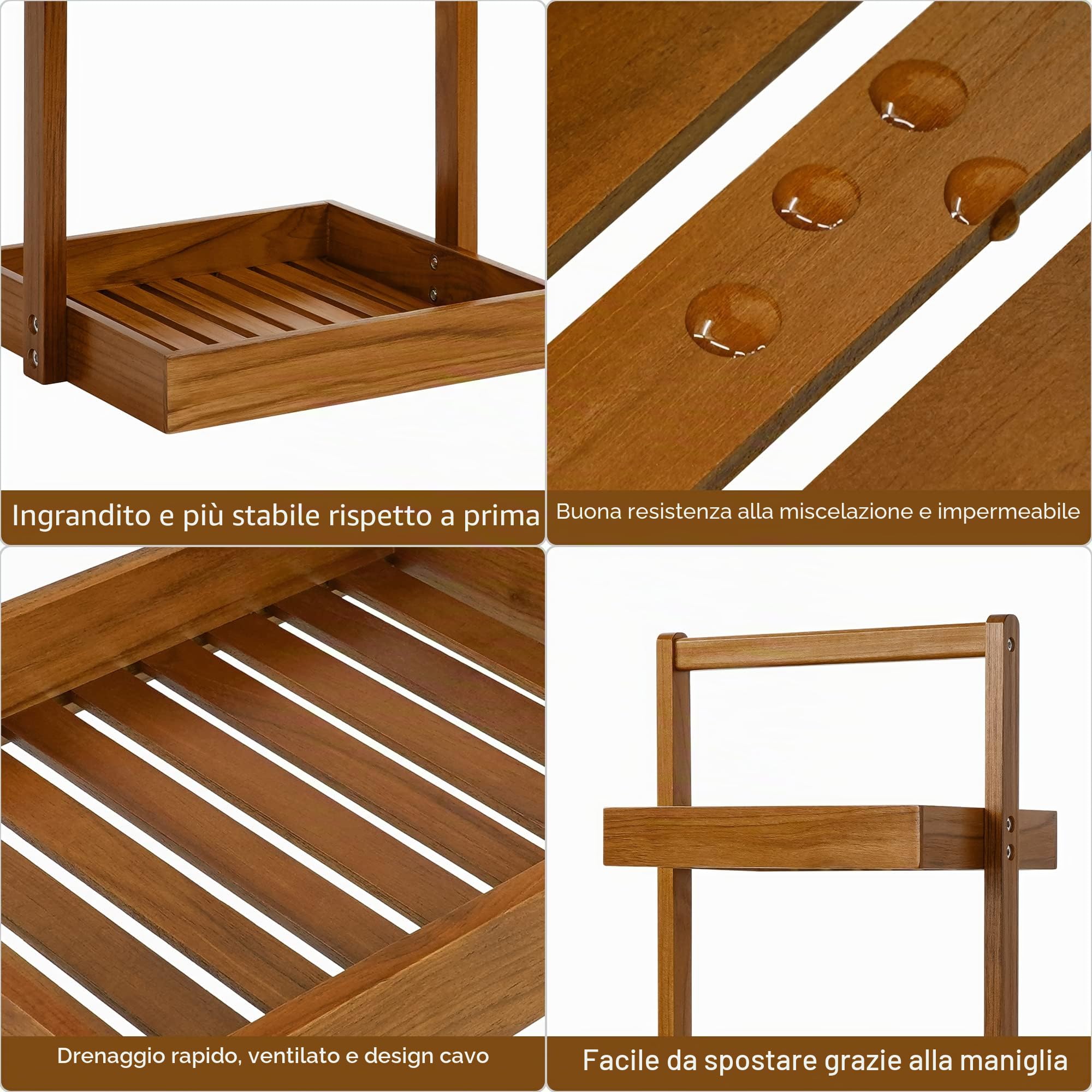 Utoplike Mensola portaoggetti da doccia in teak, con manico | Organizer per doccia in piedi per angolo del bagno,per doccia interna, bagno, ufficio, stand up a 3 livelli per cucina