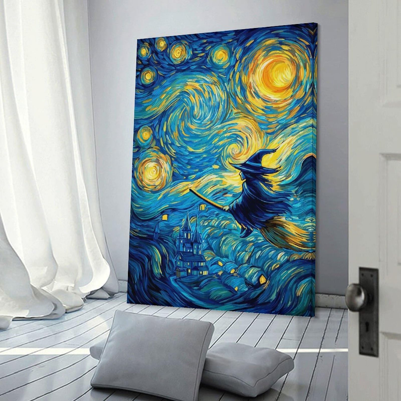Junmoney Frame-Style-15 Whimsical Witch Flight In Starry Night Home Decor Wall Art 16X24inch(40X60cm), For Bedroom, Guest Room Or Reading Nook, Decorative Wall Art For Cosy Rooms