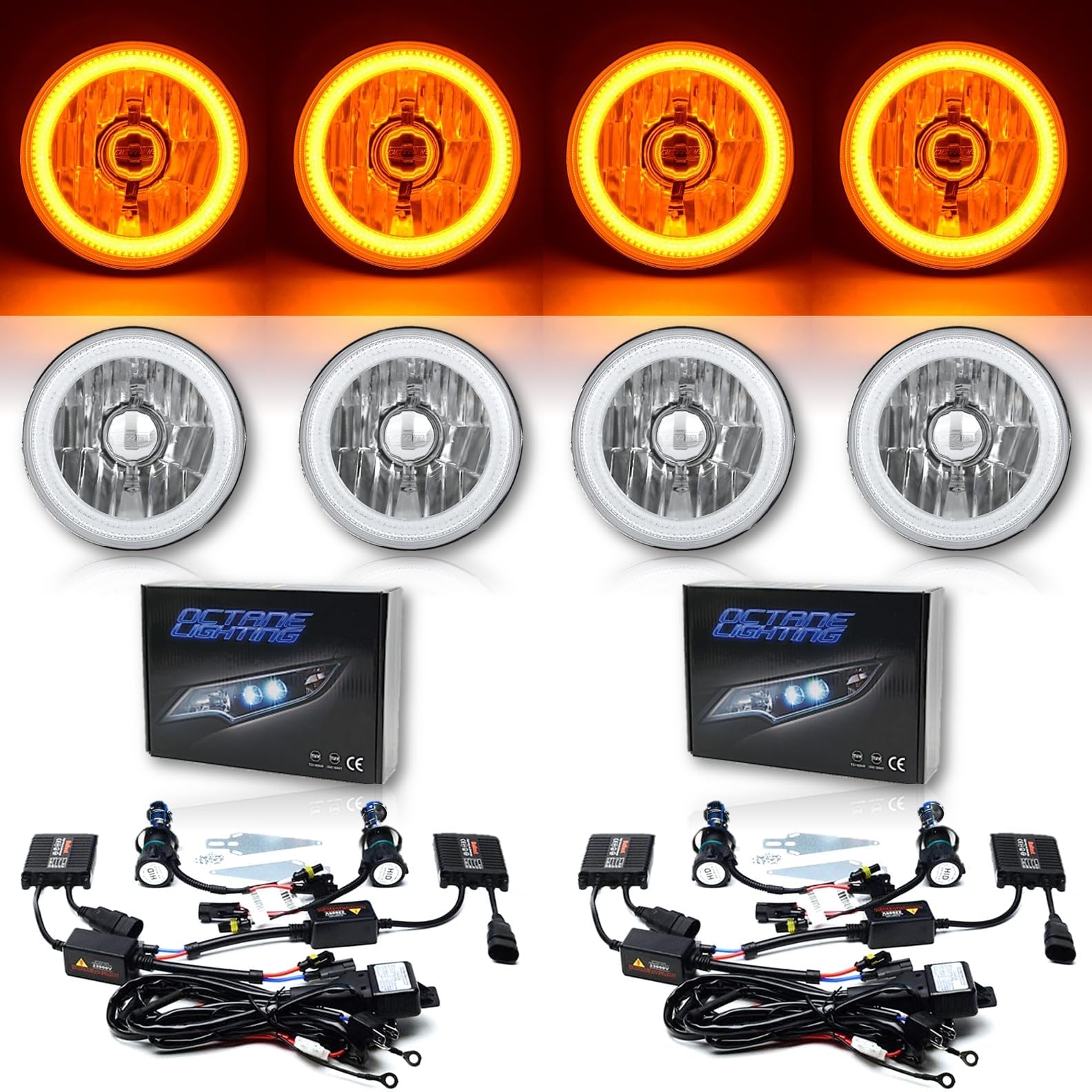 Octane Lighting 5-3/4" Amber COB SMD LED Halo Angel Eye 6000k 6k Hid Light Bulbs Headlights Set (IMG-001-L-A)