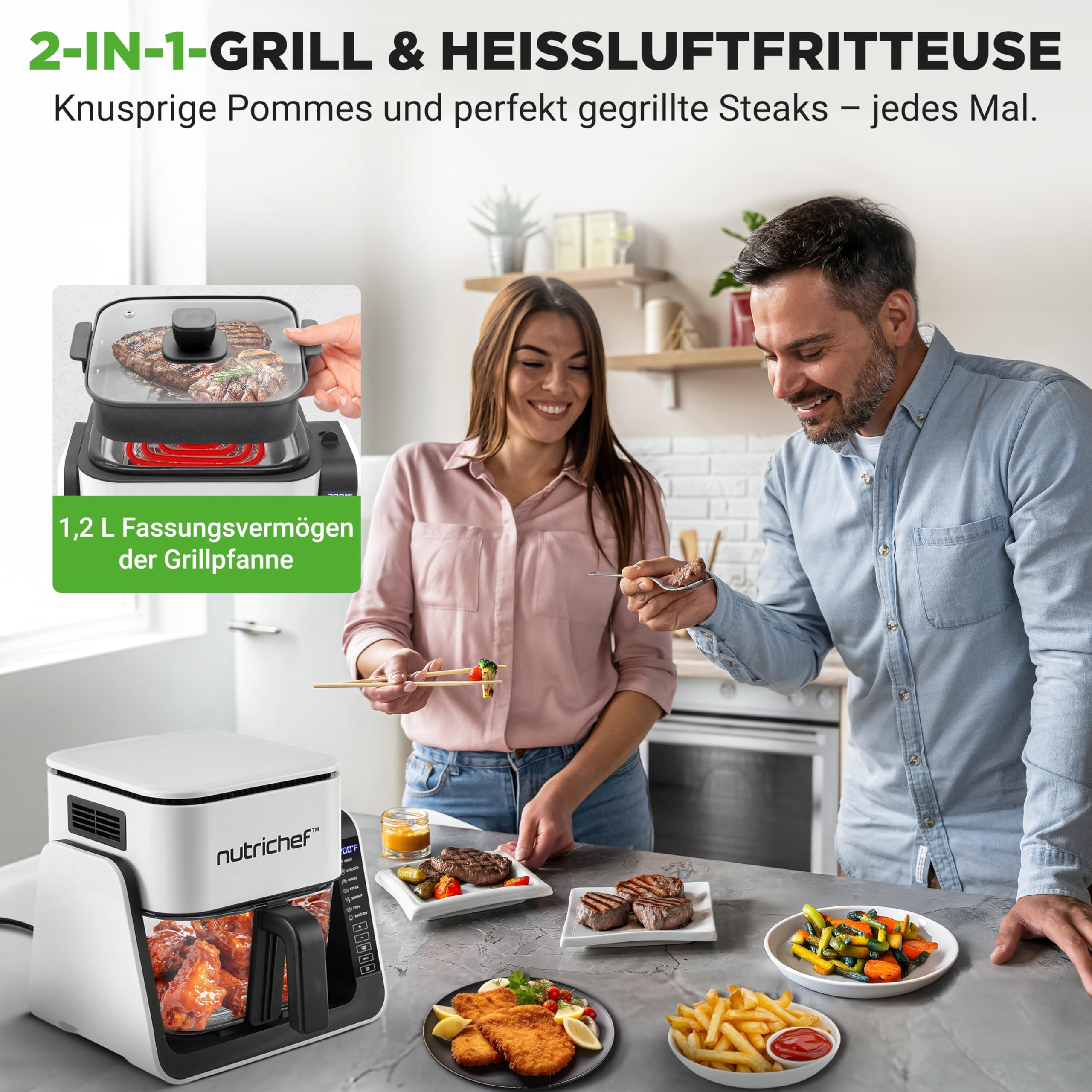 NutriChef Heißluftfritteuse 4L mit Grillfunktion 1500W Weiß – Airfryer ohne Öl mit Sichtfenster, 7 Programme, Glasbehälter für Familien
