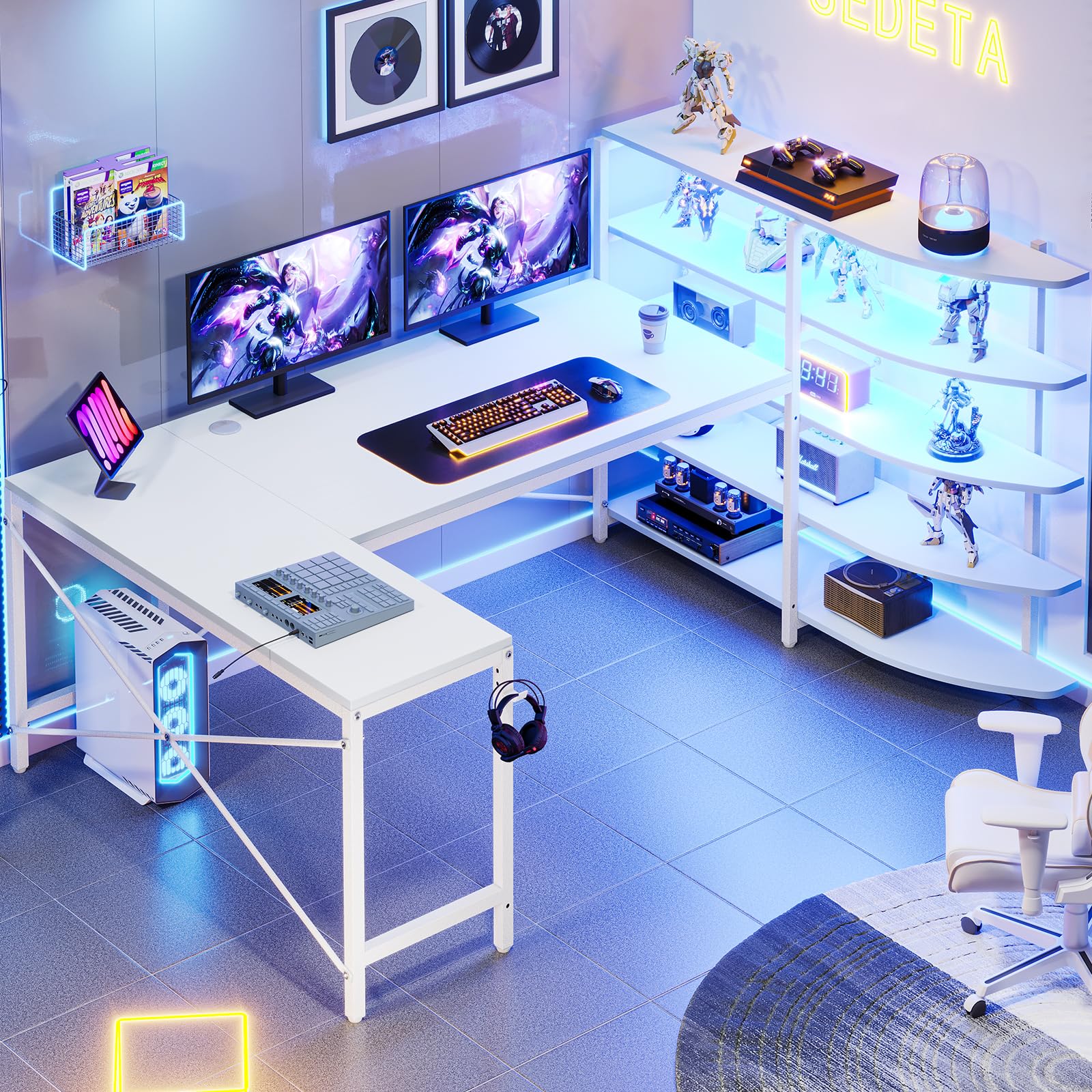 SEDETA White Corner Desk, 62.6" U Shaped Computer Desk with LED Lights, Corner Computer Desk with Storage Shelves and Hooks for Home Office