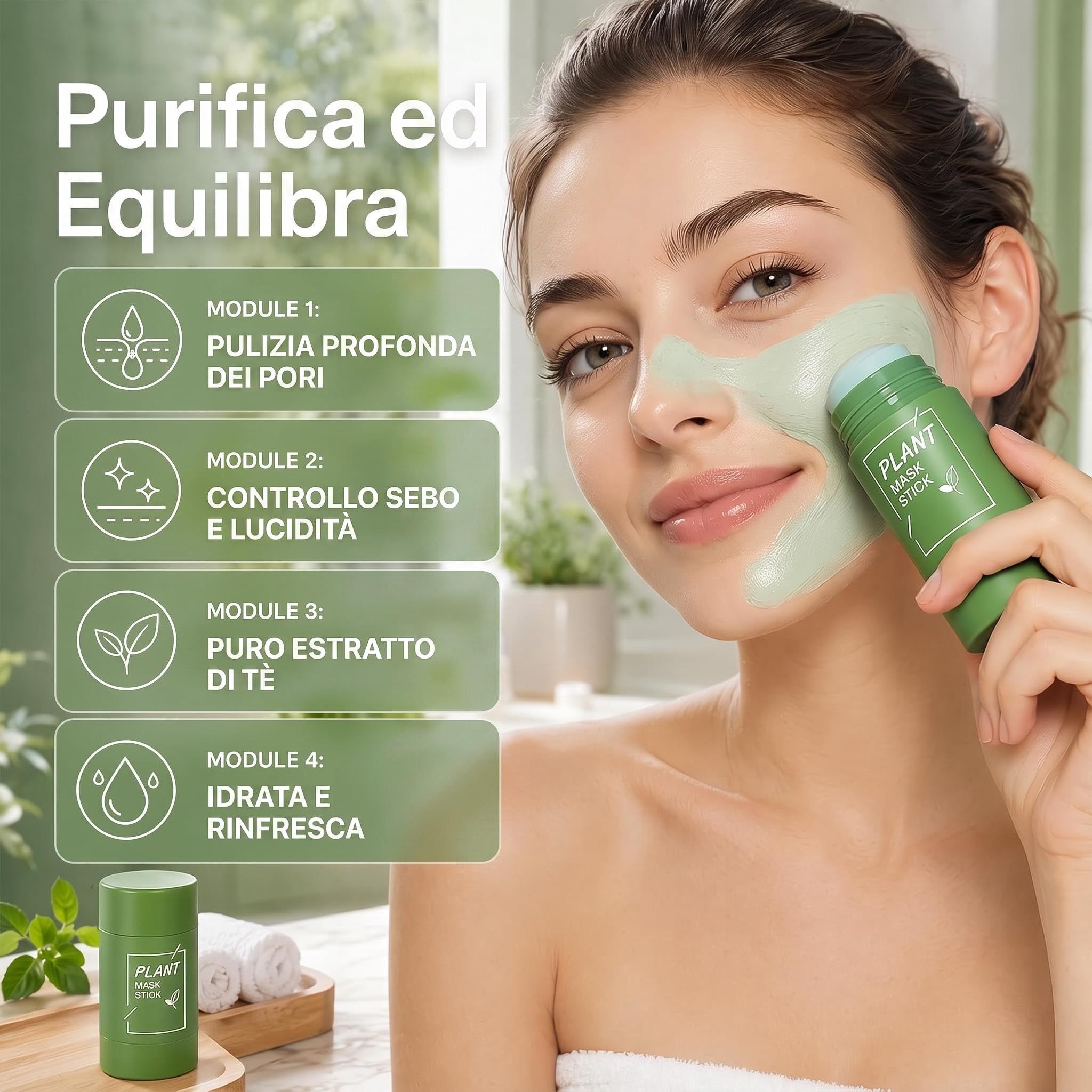 Maschera Viso Stick Tè Verde 2 Pezzi Punti Neri e Argilla Verde | Set 2 Stick: detersione profonda e rimozione punti neri. Argilla purificante per pelle mista e grassa, effetto mat.
