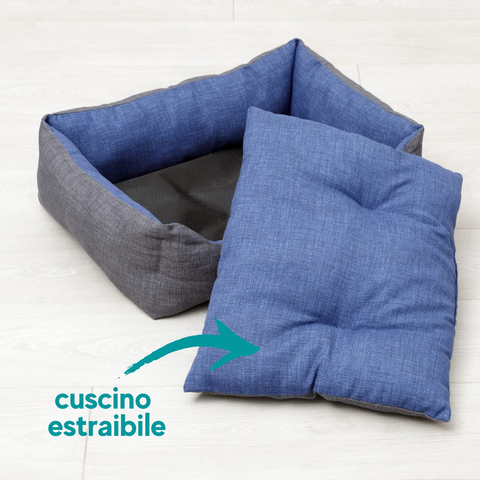 Baroni Home Cuccia per Cane in tessuto Grigio e Blu Taglia L 70 x 85 cm, Morbido Divano Rettangolare, Comodo, per Camera da Letto Salotto Corridoio, Lavabile