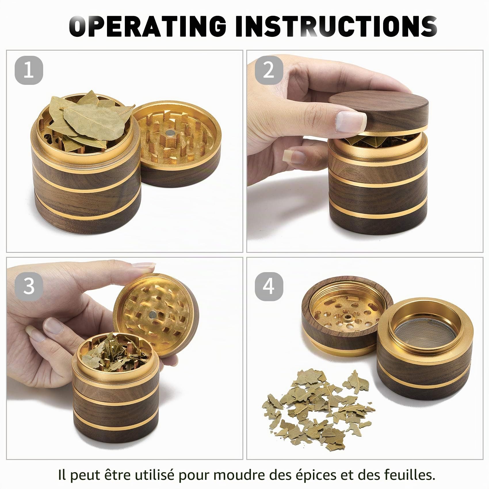 DCOU Premium Grinder Moulin à épices en bois collecteur de pollen avec couvercle magnétique et collecteur de pollen 4 pièces 2,5 pouces (Or)