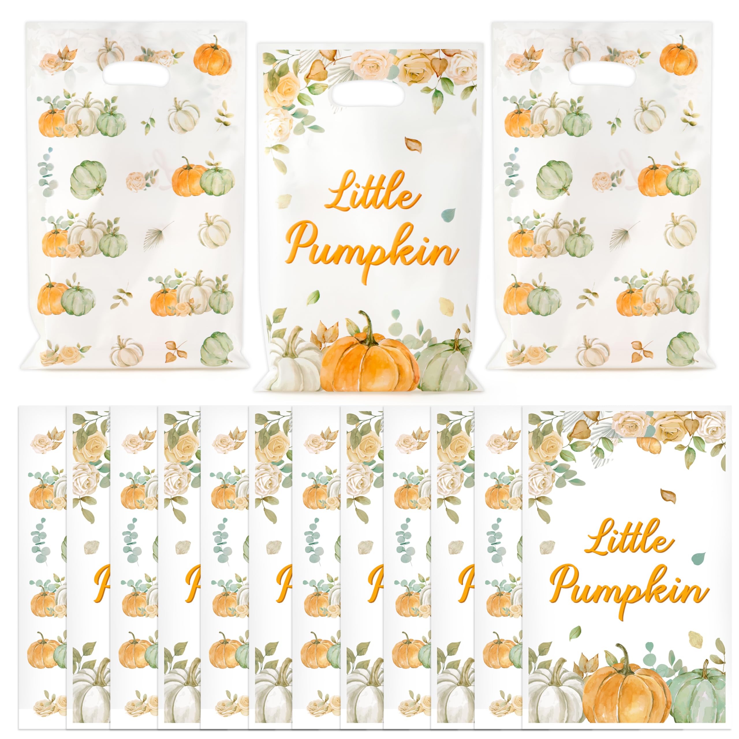 Haooryx Sage Green Pumpkin Party Favor Bag - 50 Pcs Little Pumpkin Plastic Goodie Candy Treat Bag with Handle Gift Wrap Decoration for Kids Birthday Baby Shower Halloween Decoration Party Favor Supply